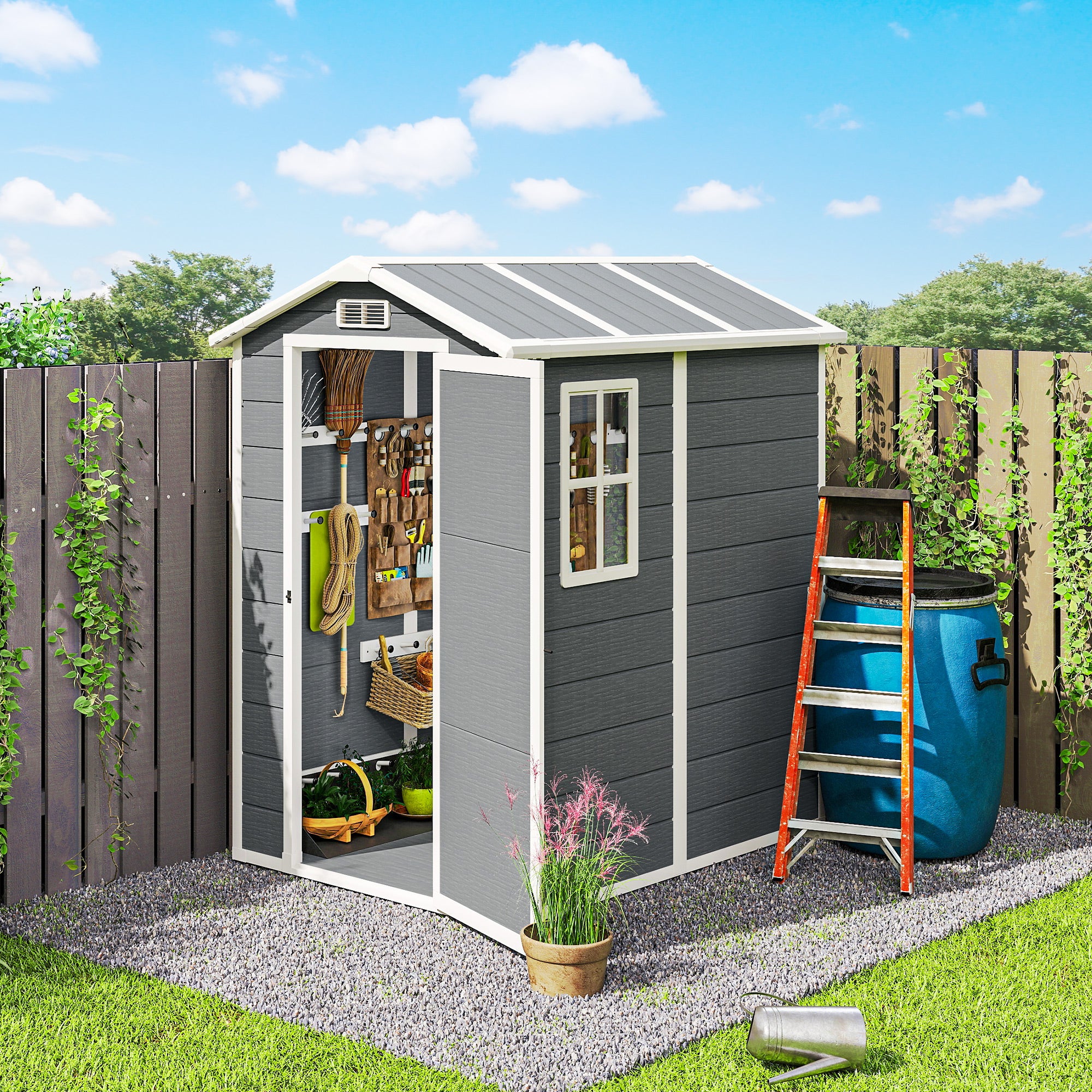 6' x 4' Outdoor Storage Shed with Floor and Lockable Door, Gray - Image 4