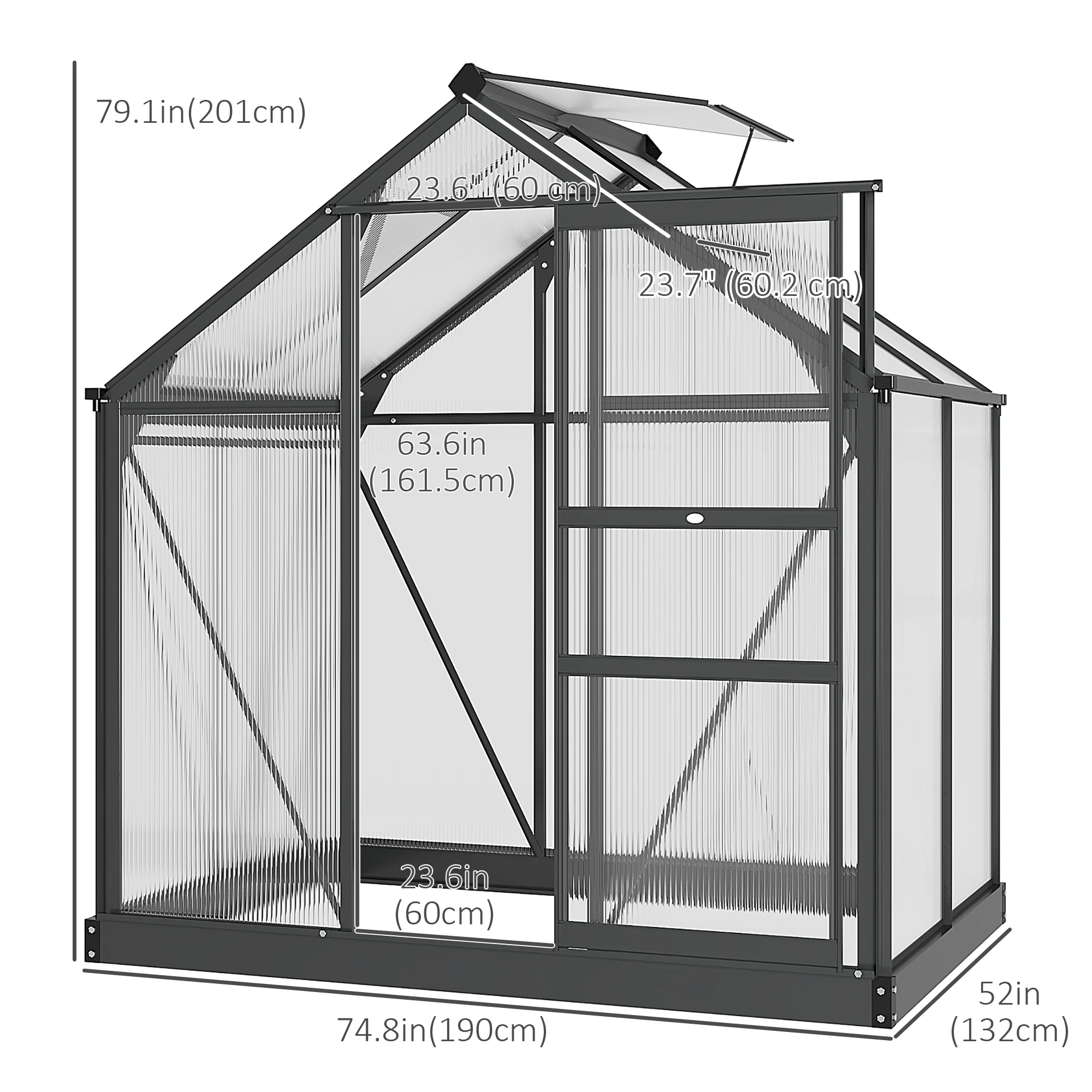 6' x 4' x 6.6' Polycarbonate Greenhouse with Aluminum Frame, Grey - Image 5