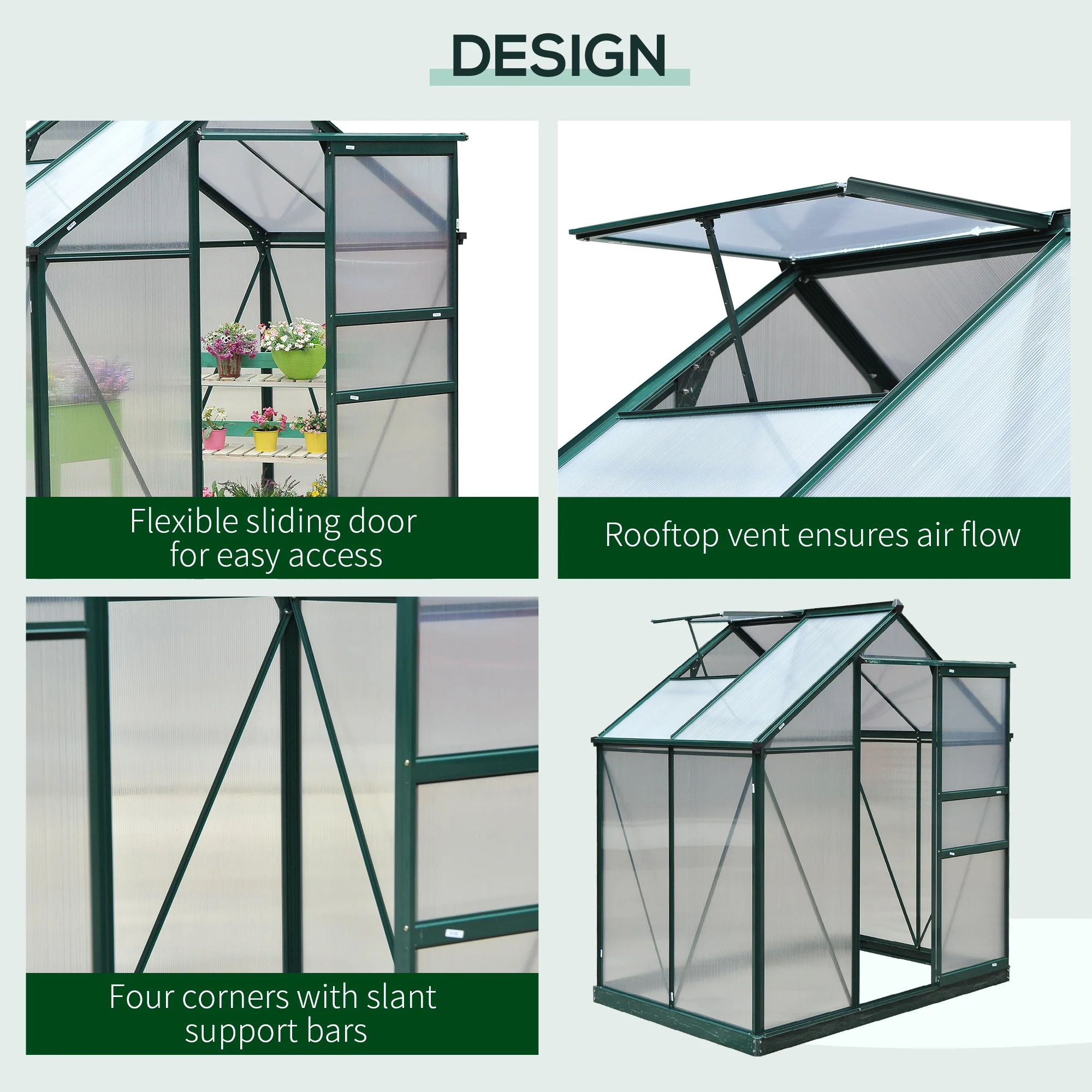 6' x 4' x 6.6' Polycarbonate Greenhouse with Aluminum Frame, Green - Image 6