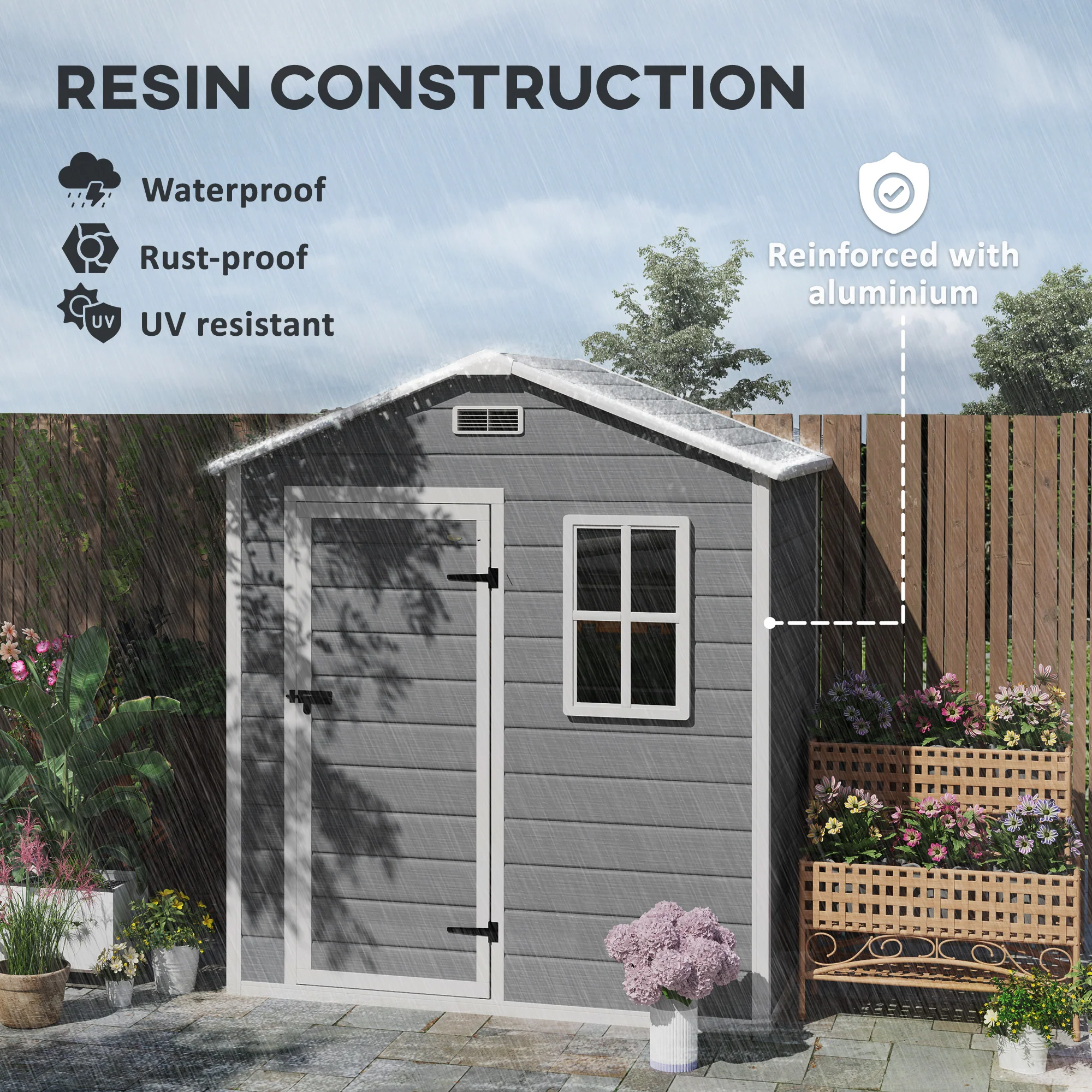6 x 4ft Wood Effect Resin Tool Shed with Floor, Window, Vents & Lockable Door for Garden, Lawn, Grey - Image 6