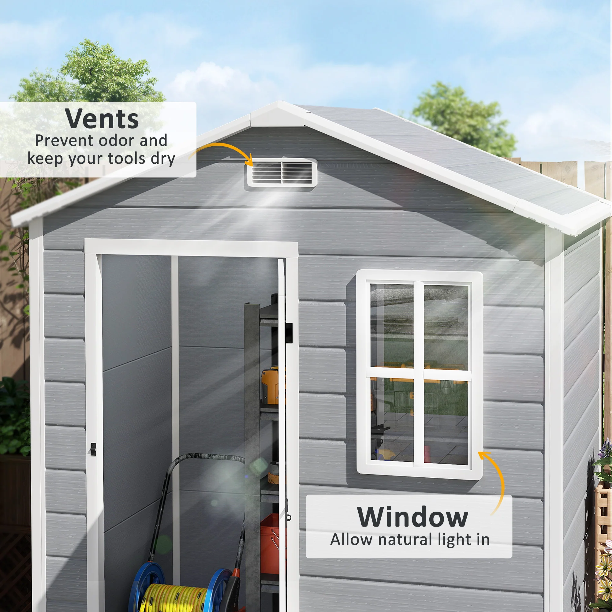 6 x 4ft Wood Effect Resin Tool Shed with Floor, Window, Vents & Lockable Door for Garden, Lawn, Grey - Image 8