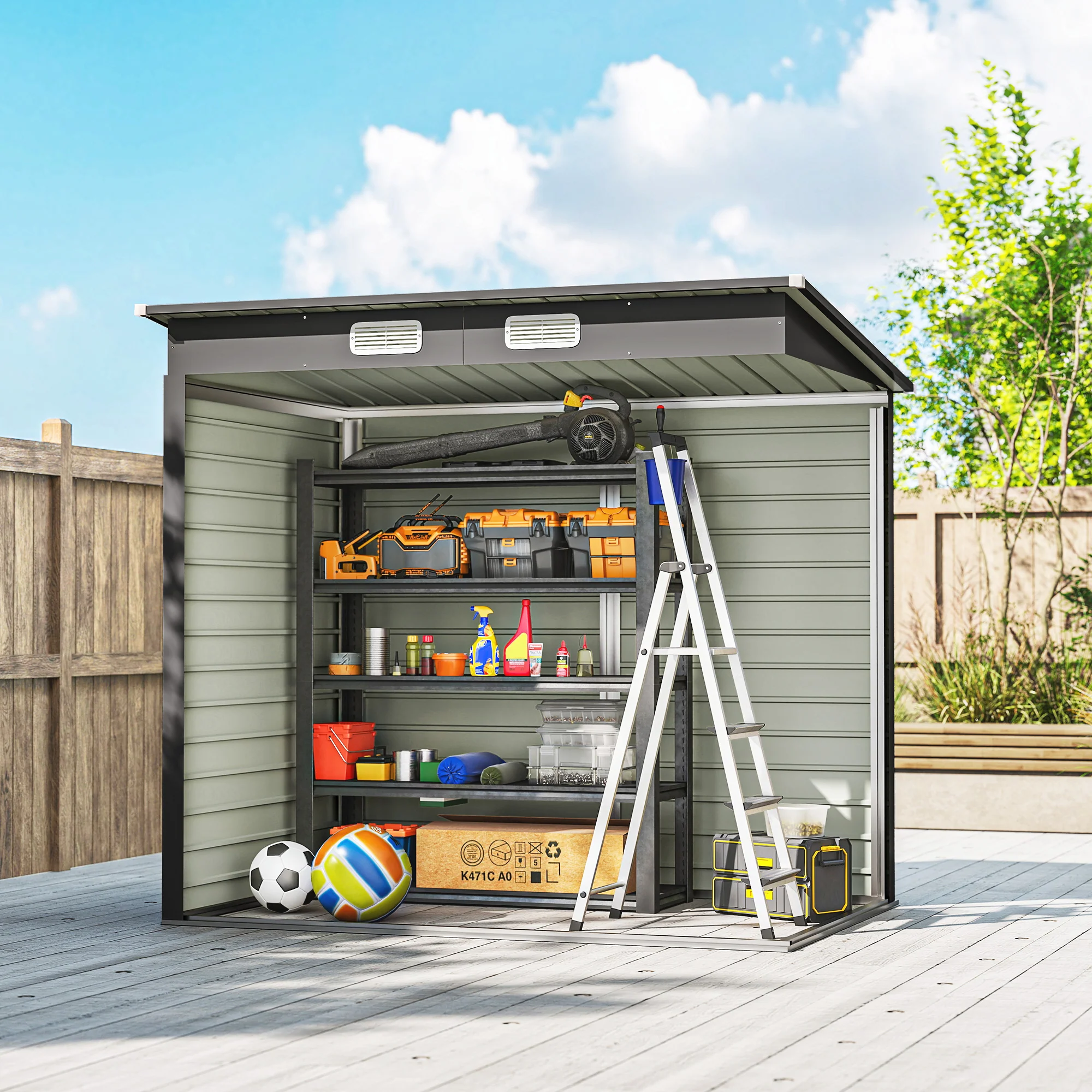 EverBase 6' x 4' Galvanized Metal Storage Shed with Lockable Door and 2 Vents, Grey - Image 10