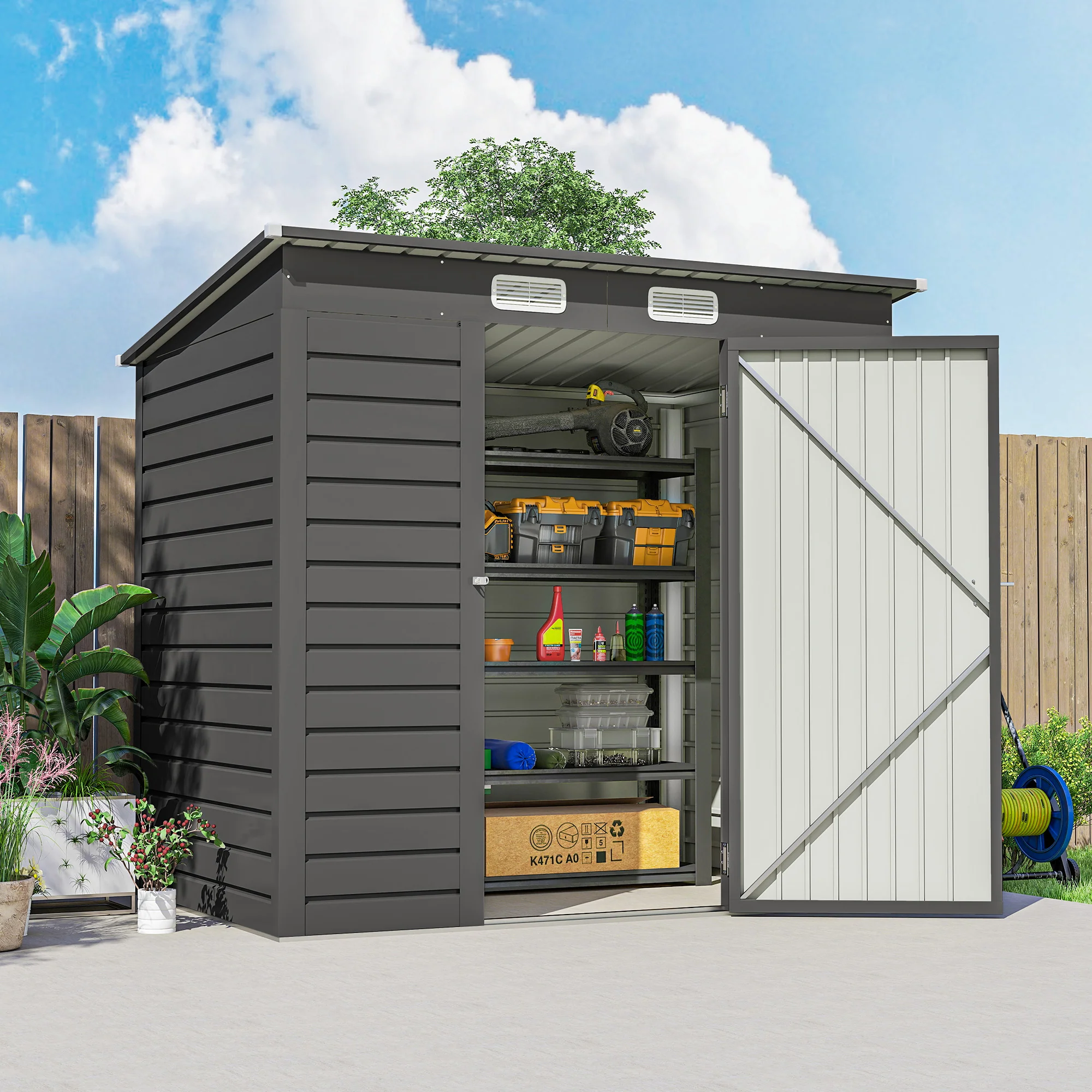 EverBase 6' x 4' Galvanized Metal Storage Shed with Lockable Door and 2 Vents, Grey - Image 11