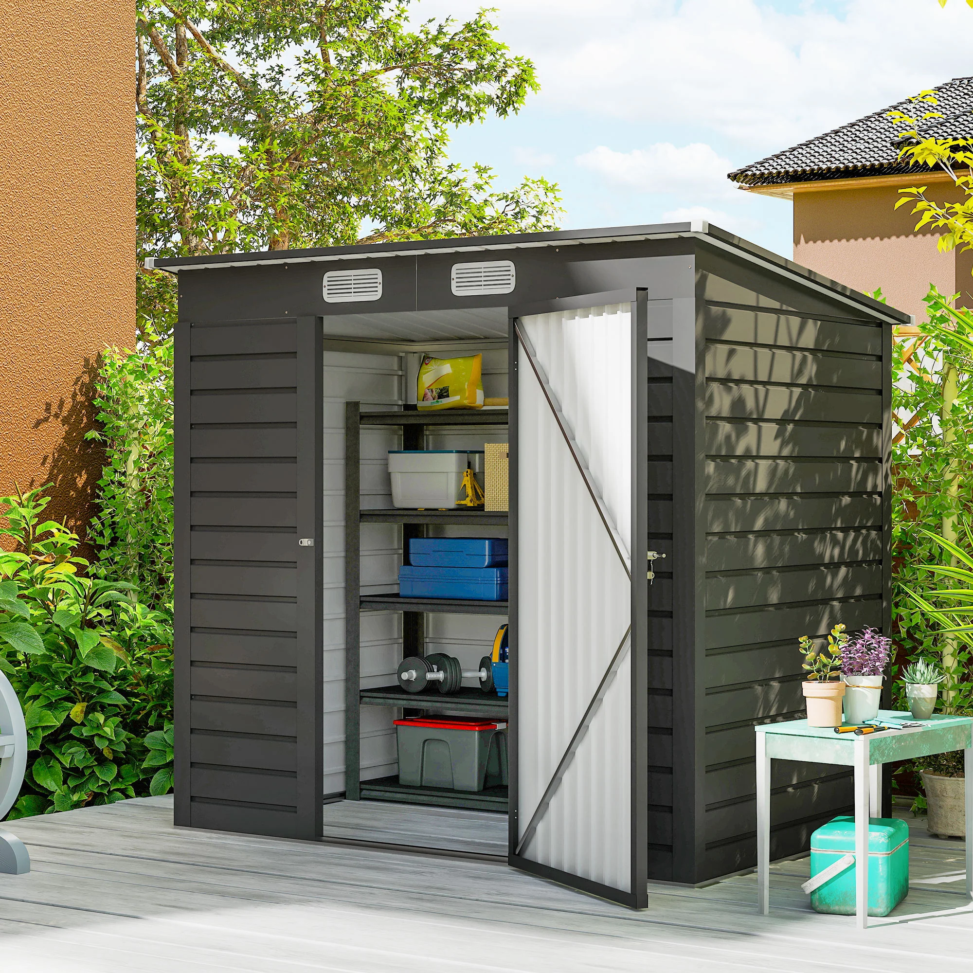EverBase 6' x 4' Galvanized Metal Storage Shed with Lockable Door and 2 Vents, Grey - Image 2