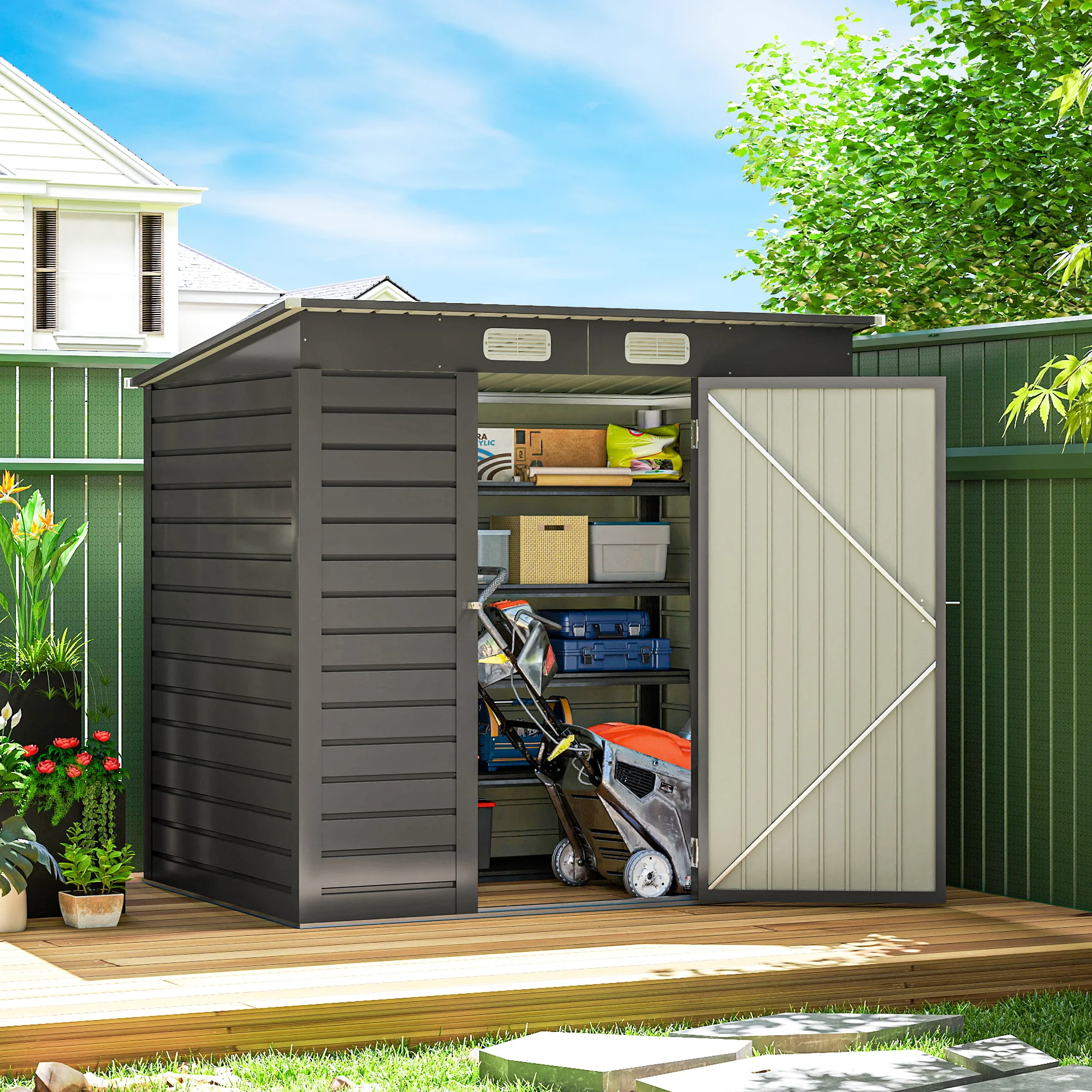 EverBase 6' x 4' Galvanized Metal Storage Shed with Lockable Door and 2 Vents, Grey - Image 3