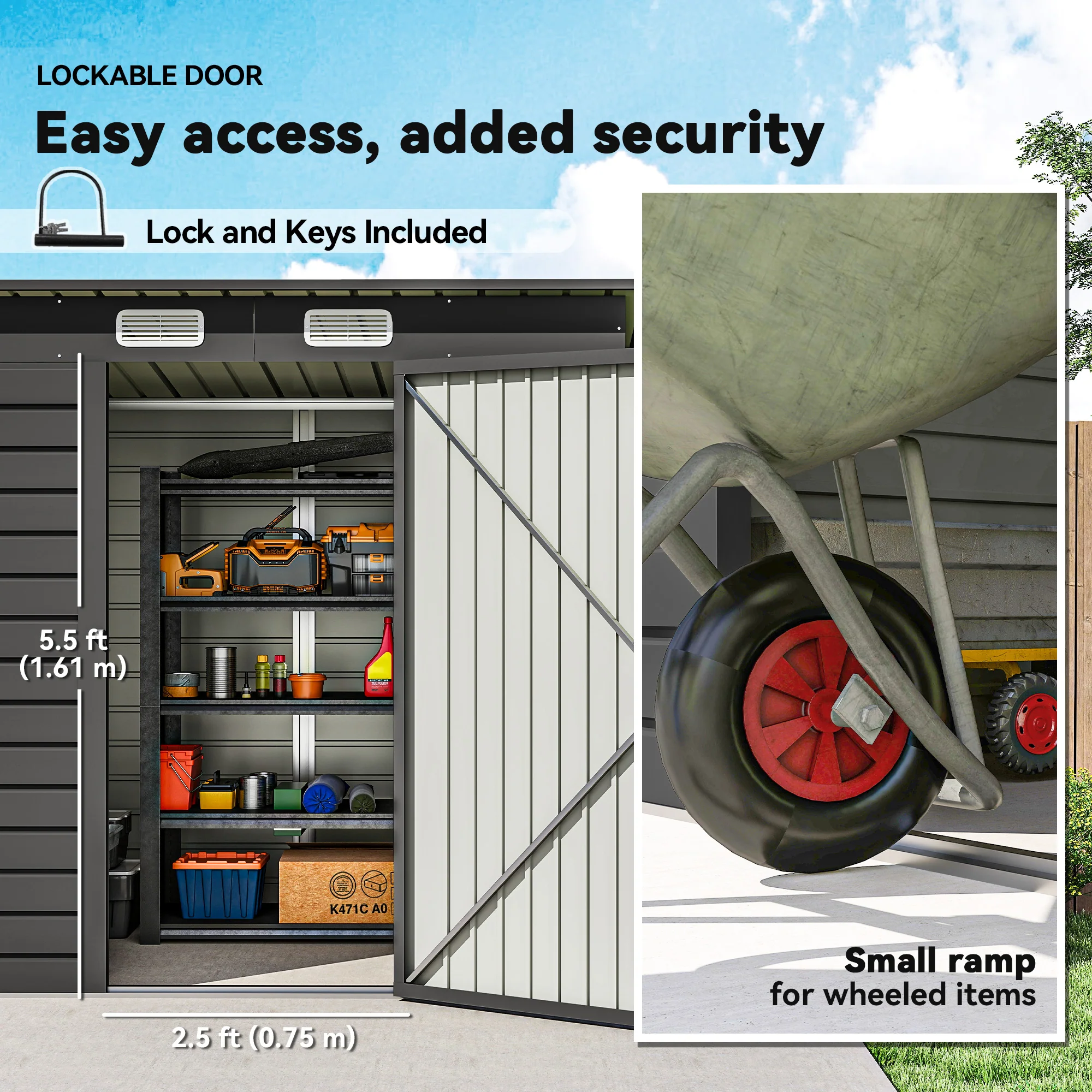 EverBase 6' x 4' Galvanized Metal Storage Shed with Lockable Door and 2 Vents, Grey - Image 8