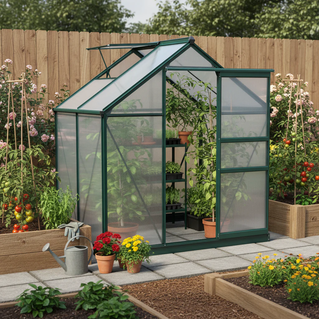 6 x 4ft Walk-in Polycarbonate Greenhouse w/ Aluminium Frame, Slide Door & Window, Dark Green - Image 3