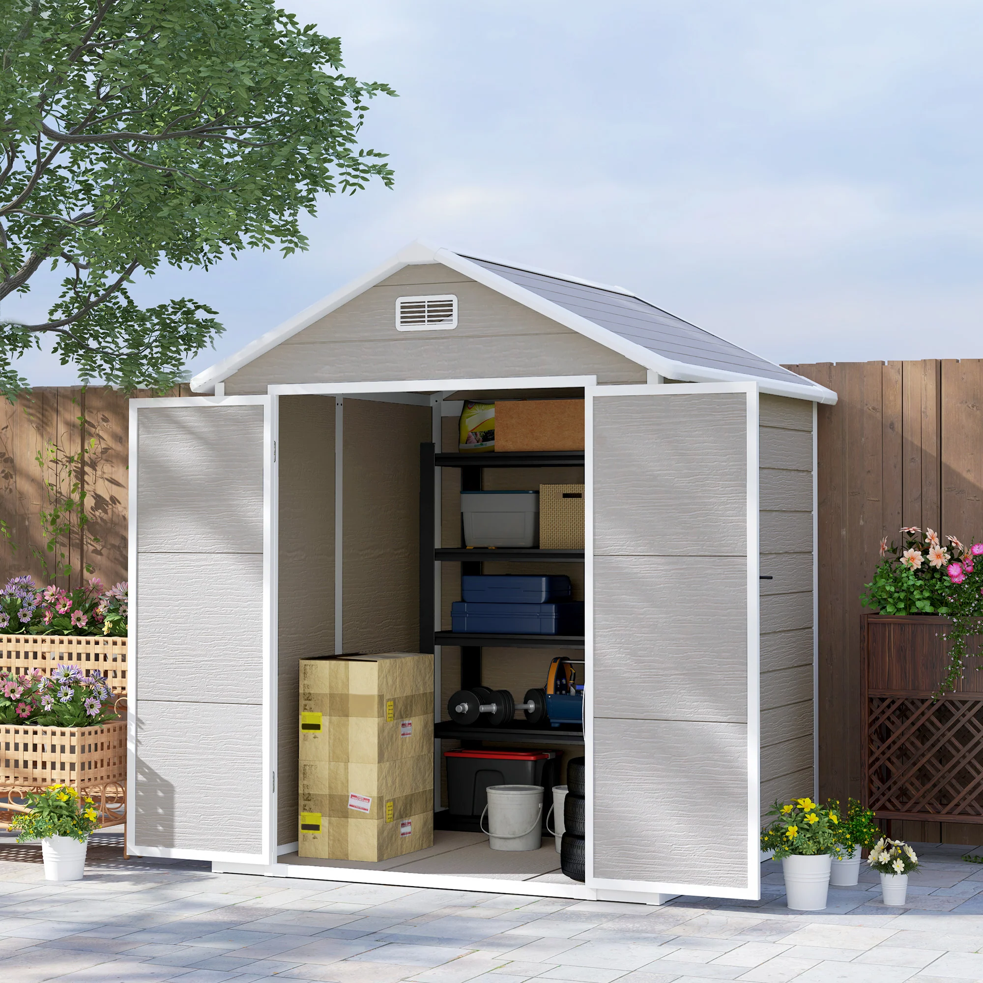 6' x 5' Wood Effect Resin Storage Shed for All Seasons, Winter Durable with Floor & Window, Dark Grey - Image 3