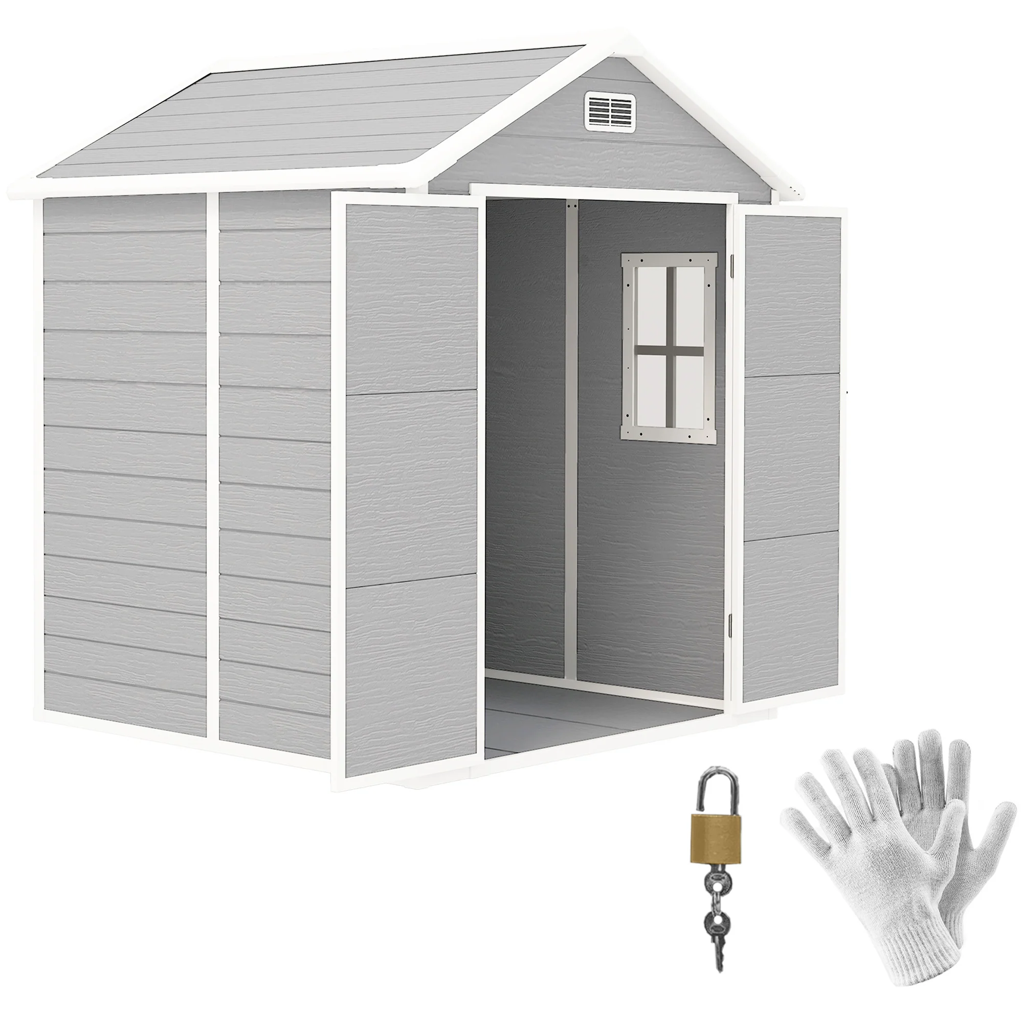 6 x 5ft Garden Shed, Plastic Shed with Floor, Window, Lockable Doors and Vents, Light Grey - Image 2