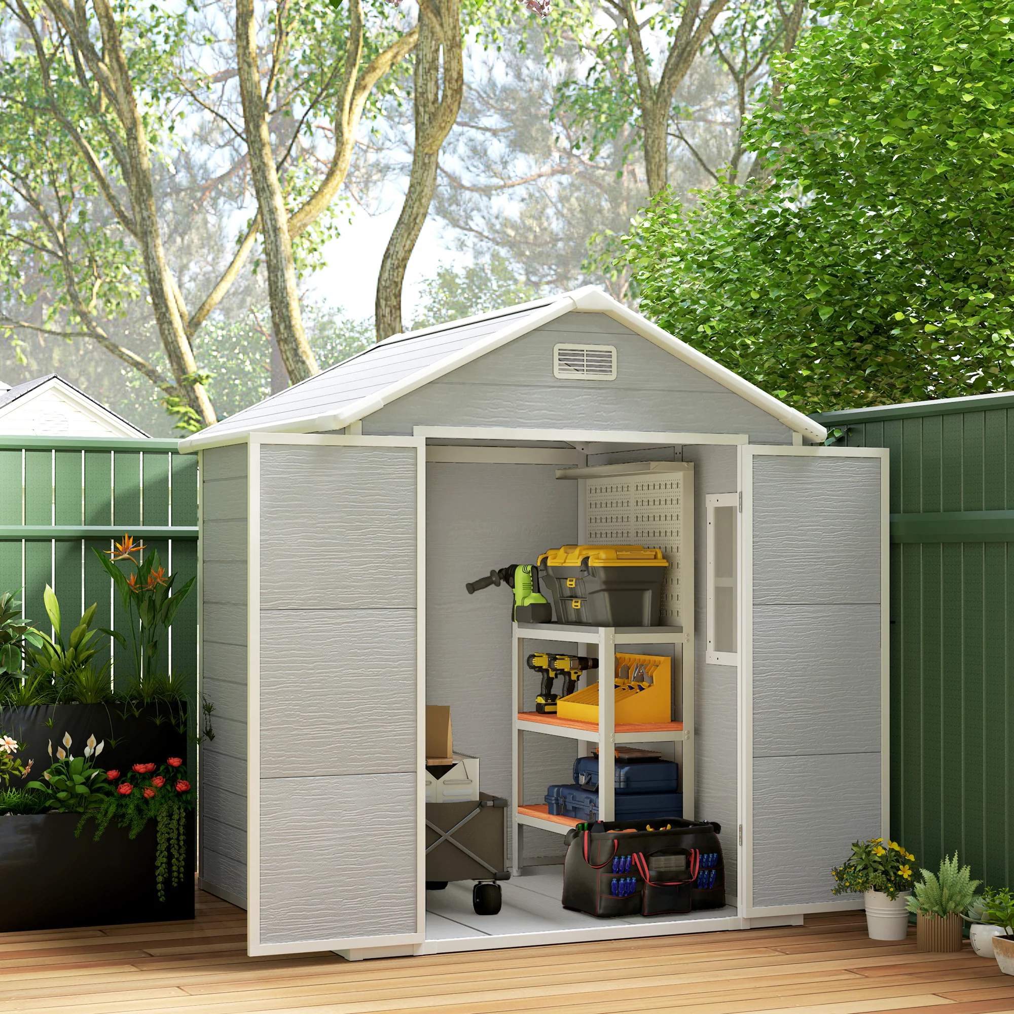 6 x 5ft Garden Shed, Plastic Shed with Floor, Window, Lockable Doors and Vents, Light Grey - Image 4