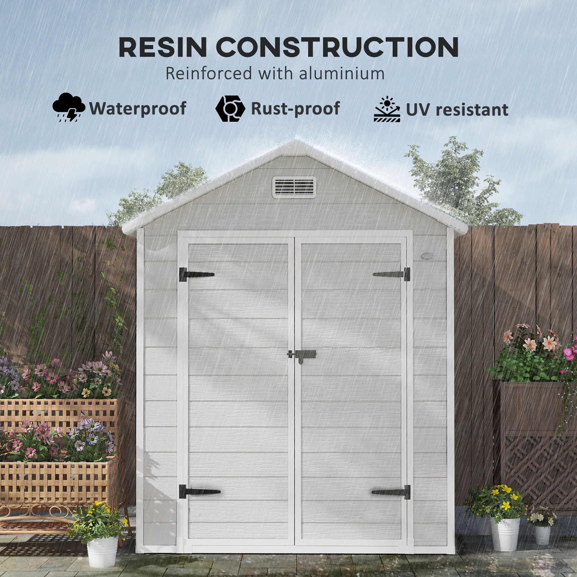 6 x 5ft Garden Shed, Plastic Shed with Floor, Window, Lockable Doors and Vents, Light Grey - Image 6