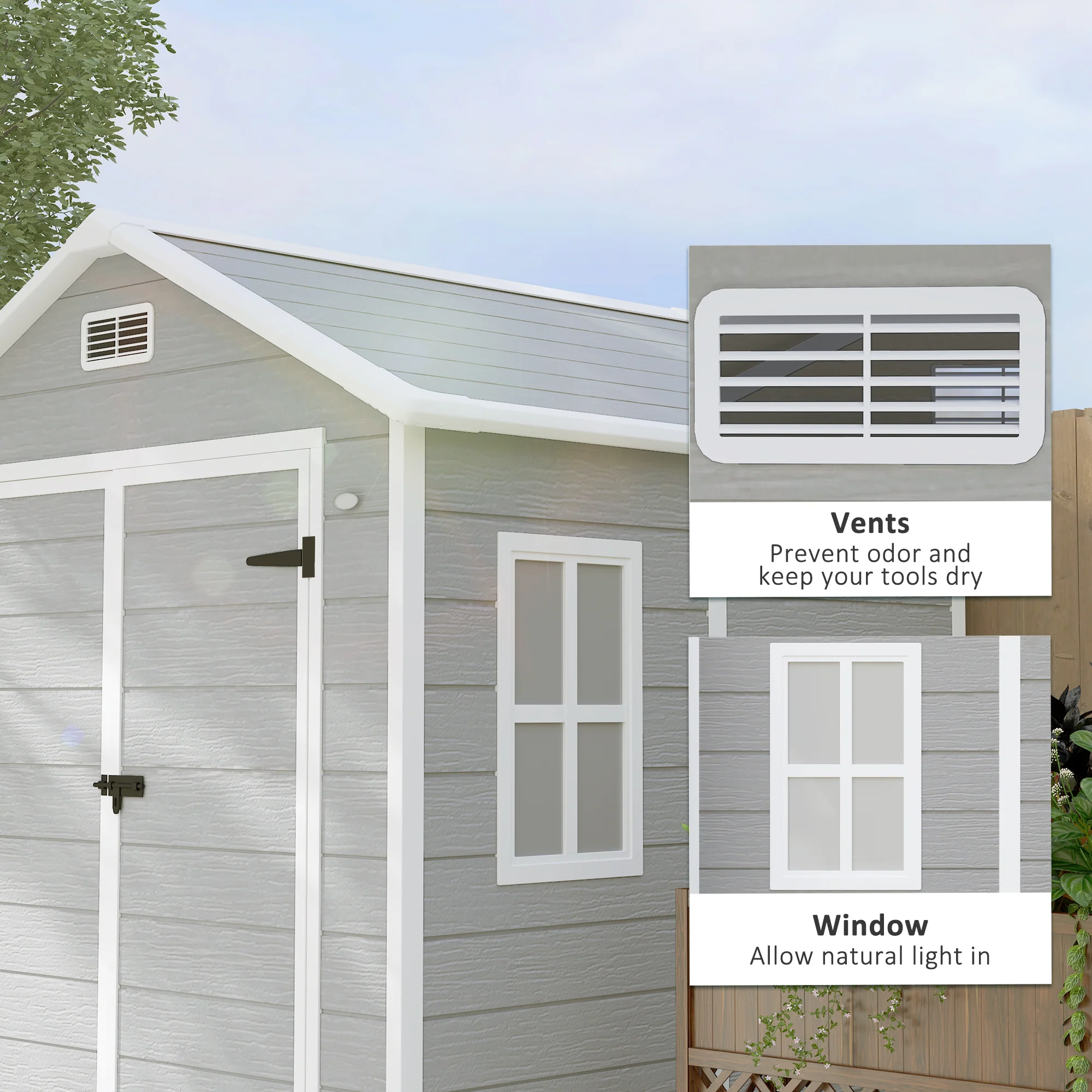 6 x 5ft Garden Shed, Plastic Shed with Floor, Window, Lockable Doors and Vents, Light Grey - Image 8
