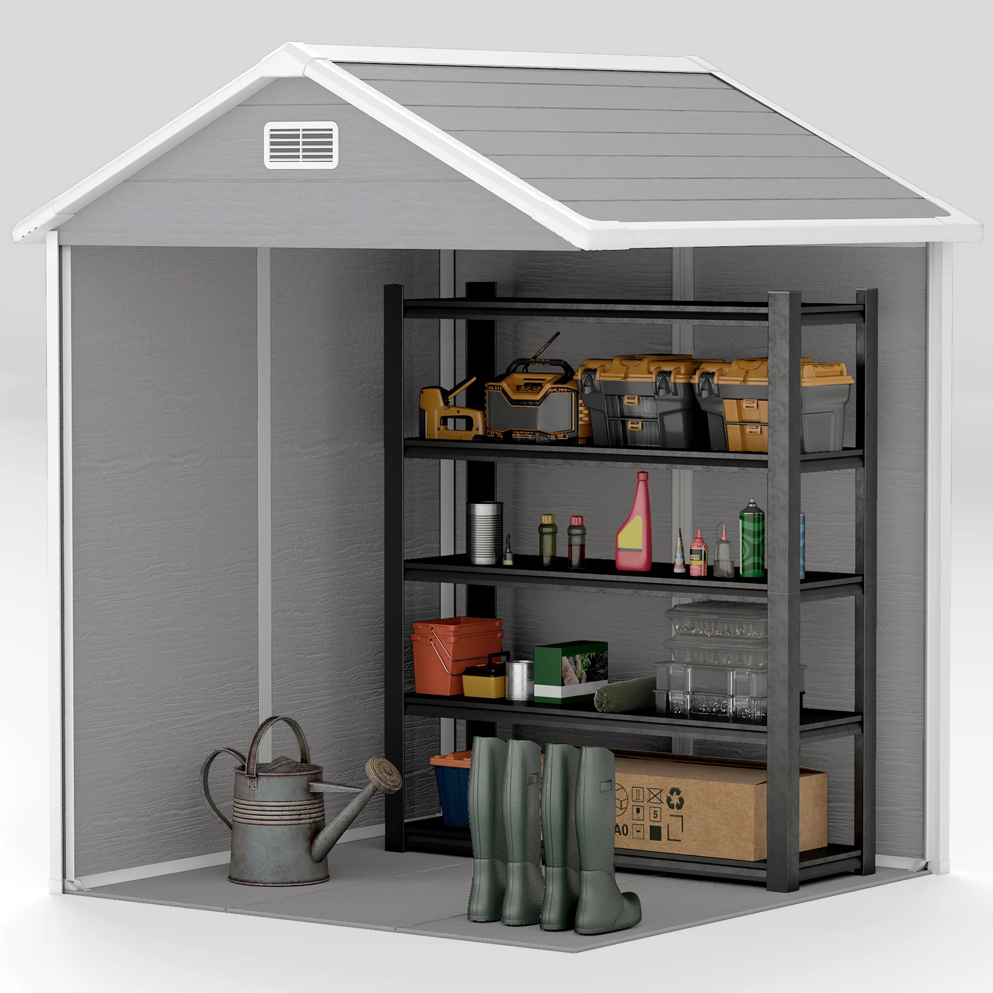 6 x 5ft Garden Shed, Plastic Shed with Floor, Window, Lockable Doors and Vents, Wood Effect Resin Tool Shed for Outdoor Patio, Dark Grey - Image 11