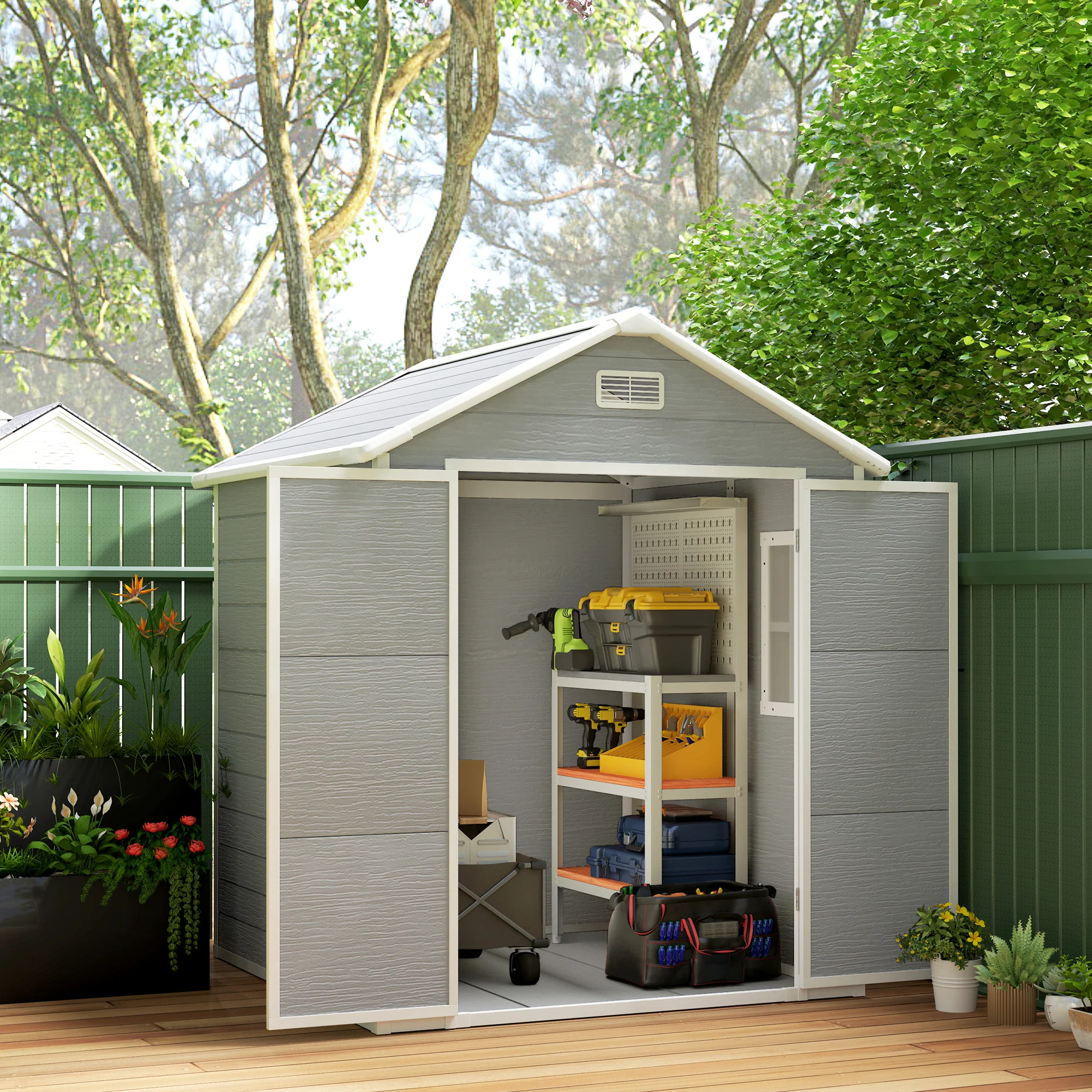 6 x 5ft Garden Shed, Plastic Shed with Floor, Window, Lockable Doors and Vents, Wood Effect Resin Tool Shed for Outdoor Patio, Dark Grey - Image 4