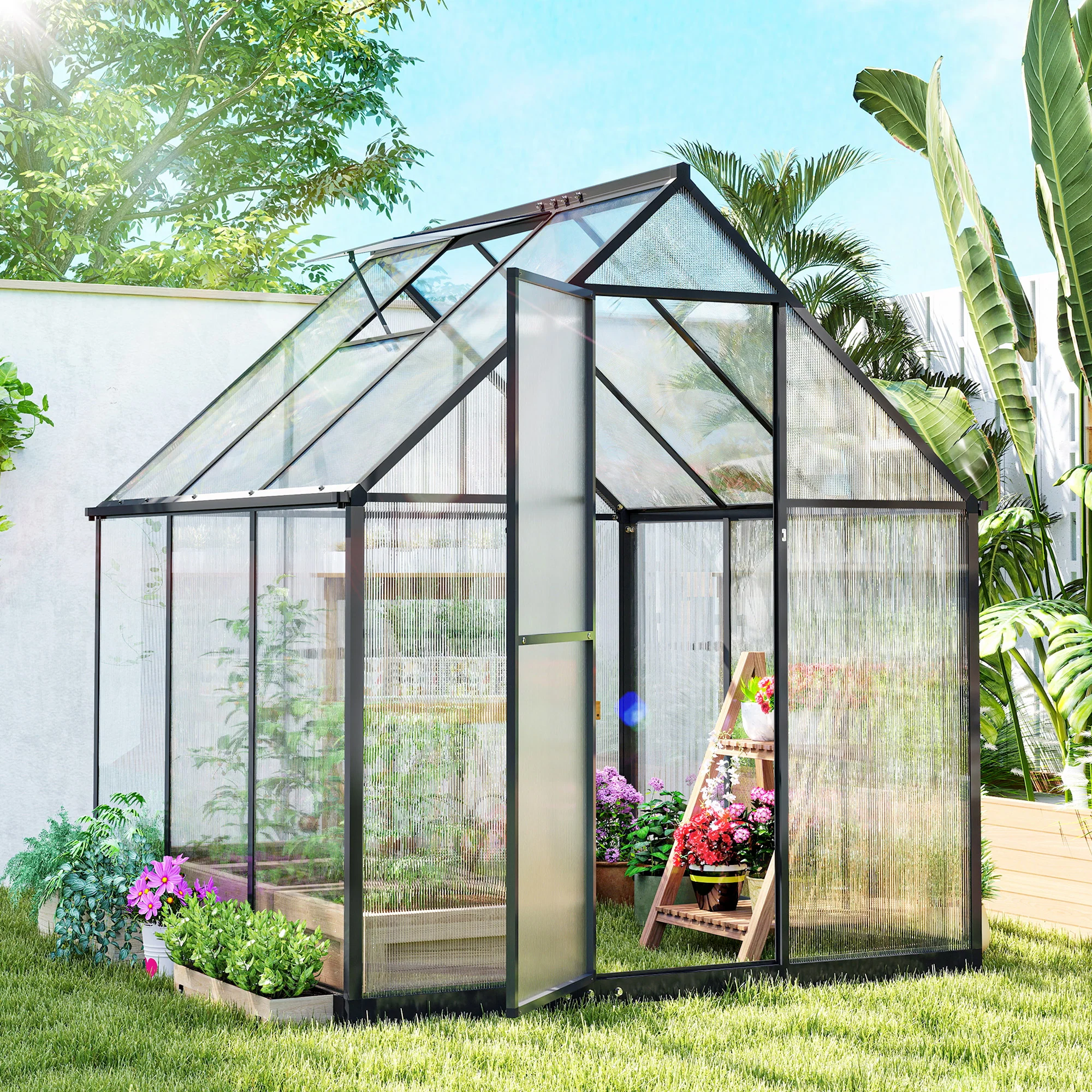 6 x 6.5ft Polycarbonate Greenhouse with Swing Door & Window, Black - Image 3