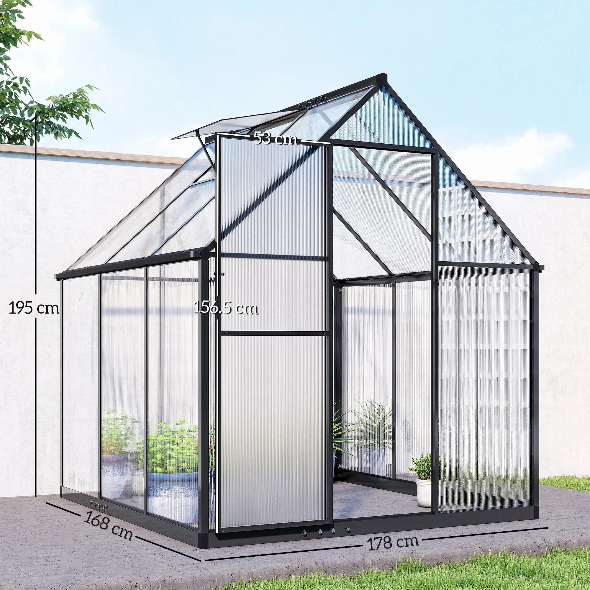 6 x 6.5ft Polycarbonate Greenhouse with Swing Door & Window, Black - Image 5