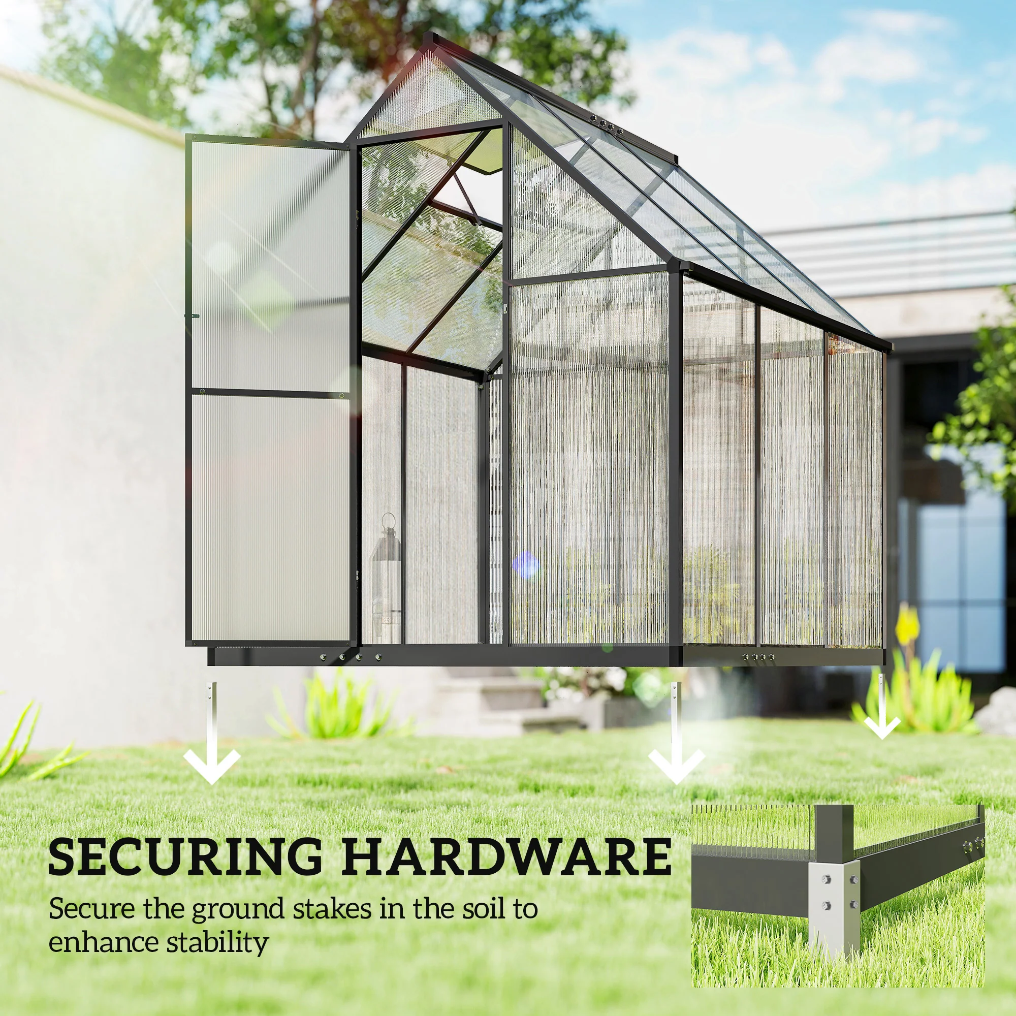 6 x 6.5ft Polycarbonate Greenhouse with Swing Door & Window, Black - Image 8