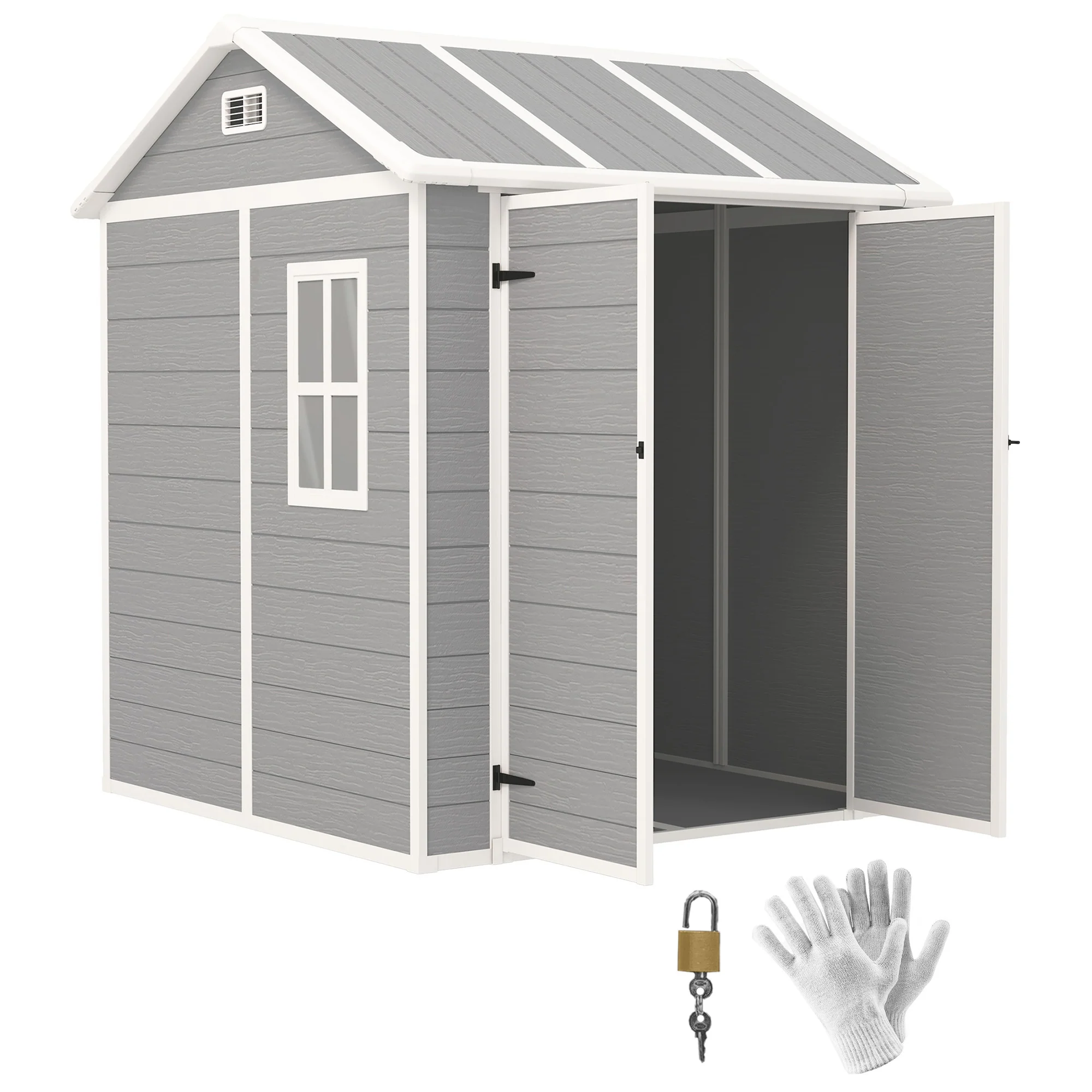 6' x 6' Resin Plastic Outdoor Storage Shed with Floor, Window and Lockable Doors, Grey