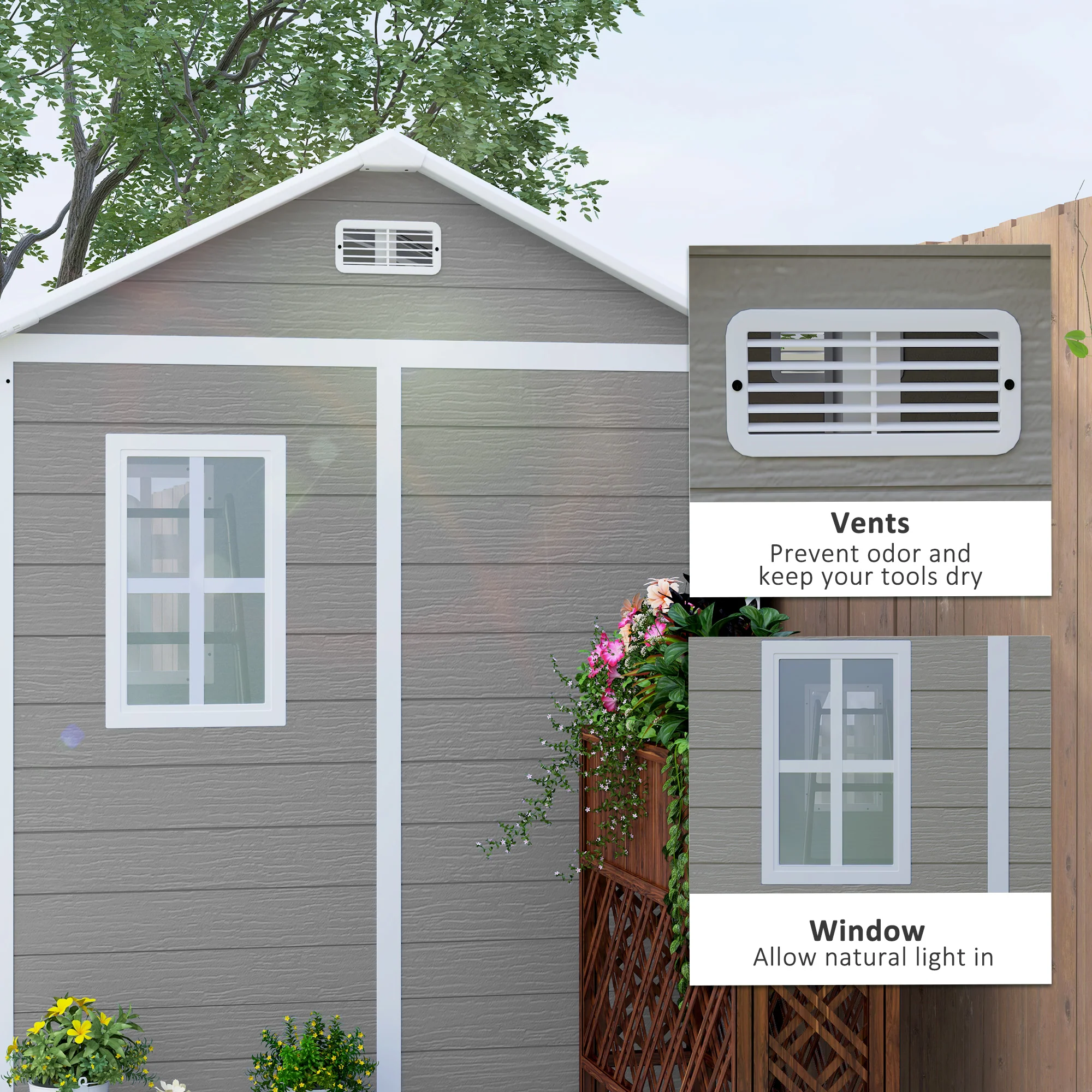 6' x 6' Resin Plastic Outdoor Storage Shed with Floor, Window and Lockable Doors, Grey - Image 8