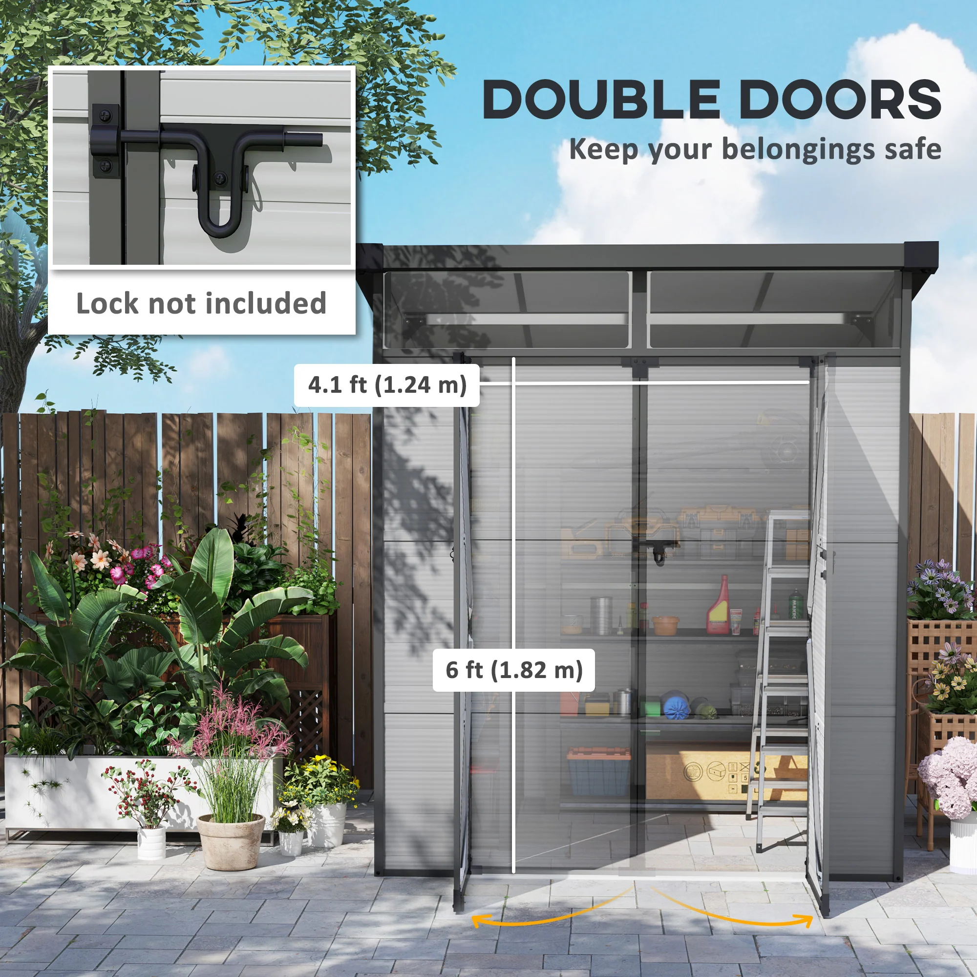 6 x 6ft Outdoor Storage Shed with Latch Doors for Garden, Light Grey - Image 9