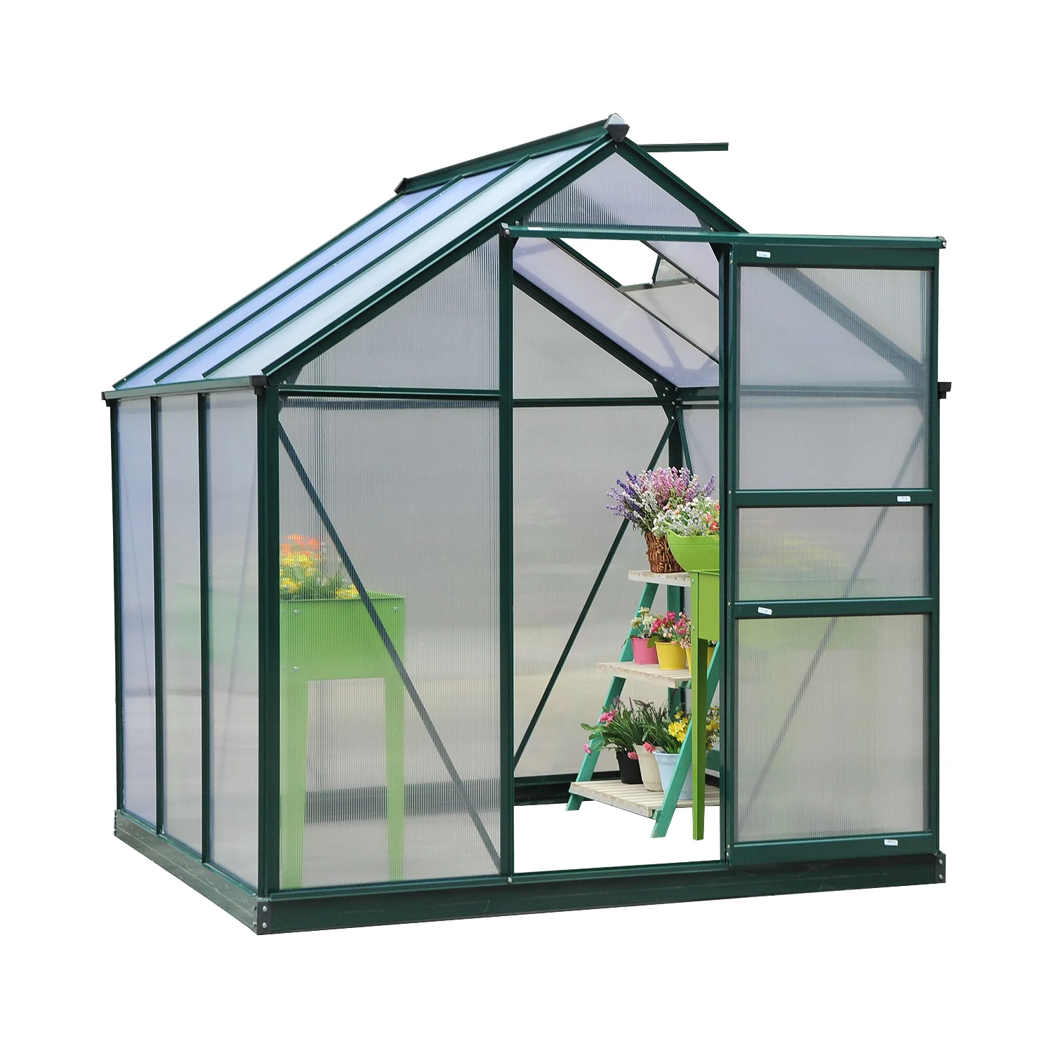 BloomGreen 6 x 6ft Large Polycarbonate Greenhouse with Aluminium Frame, Slide Door & Window, Dark Green - Image 2