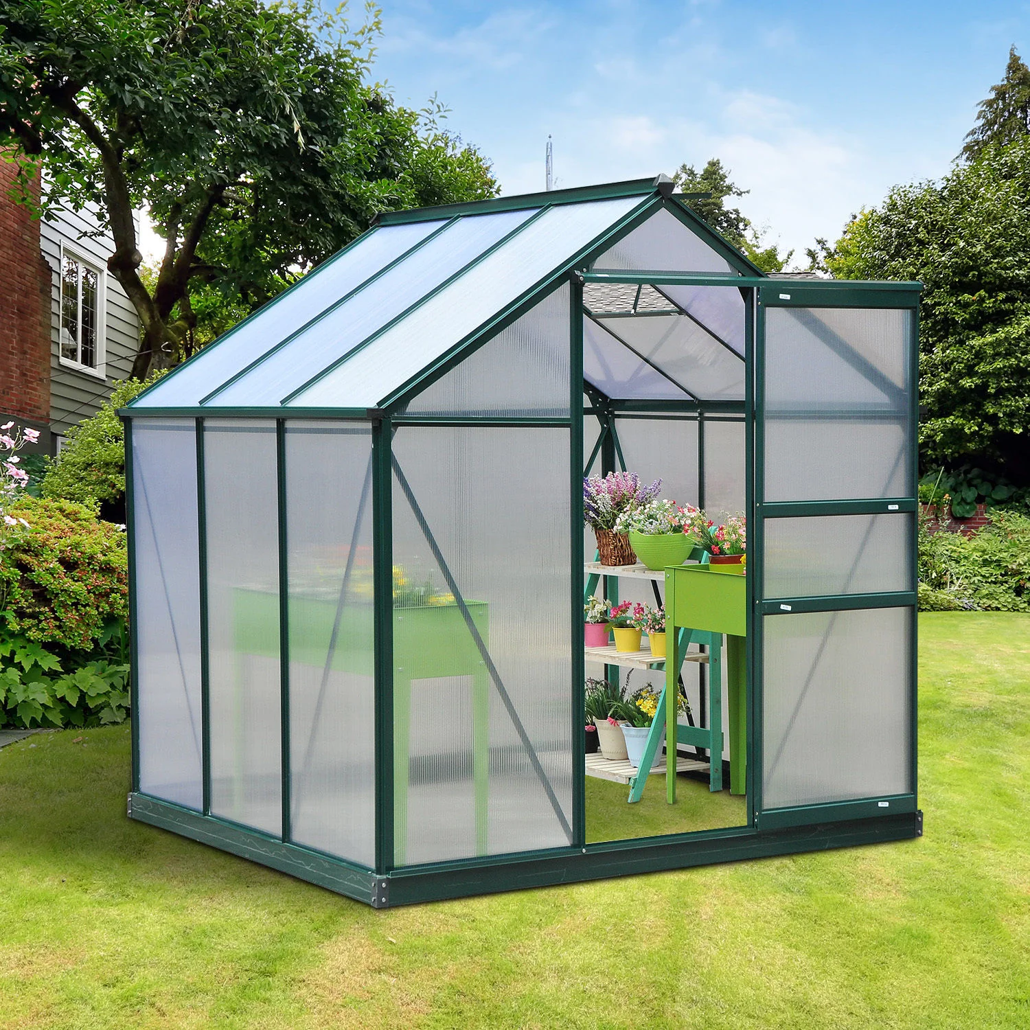 BloomGreen 6 x 6ft Large Polycarbonate Greenhouse with Aluminium Frame, Slide Door & Window, Dark Green - Image 3
