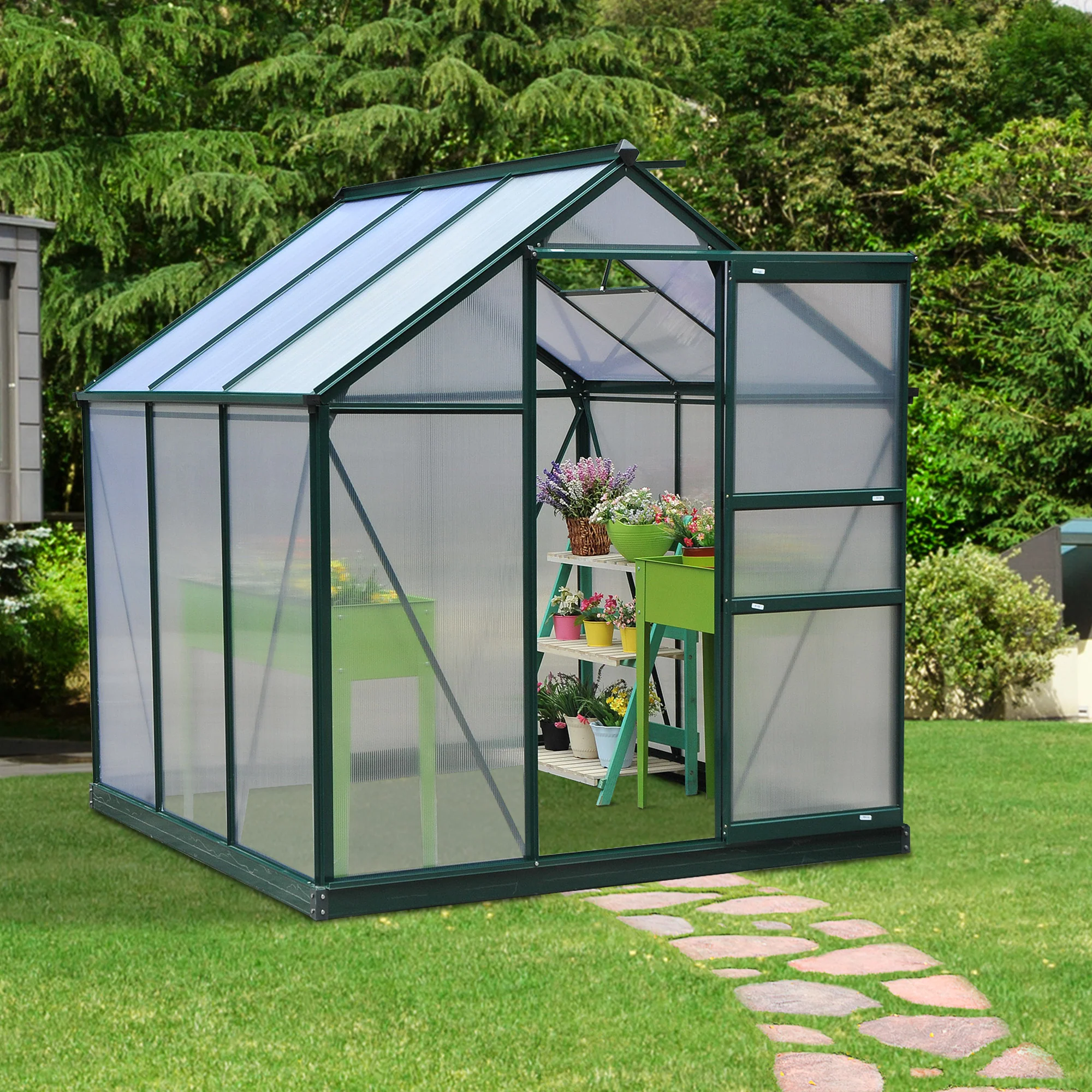 BloomGreen 6 x 6ft Large Polycarbonate Greenhouse with Aluminium Frame, Slide Door & Window, Dark Green - Image 4