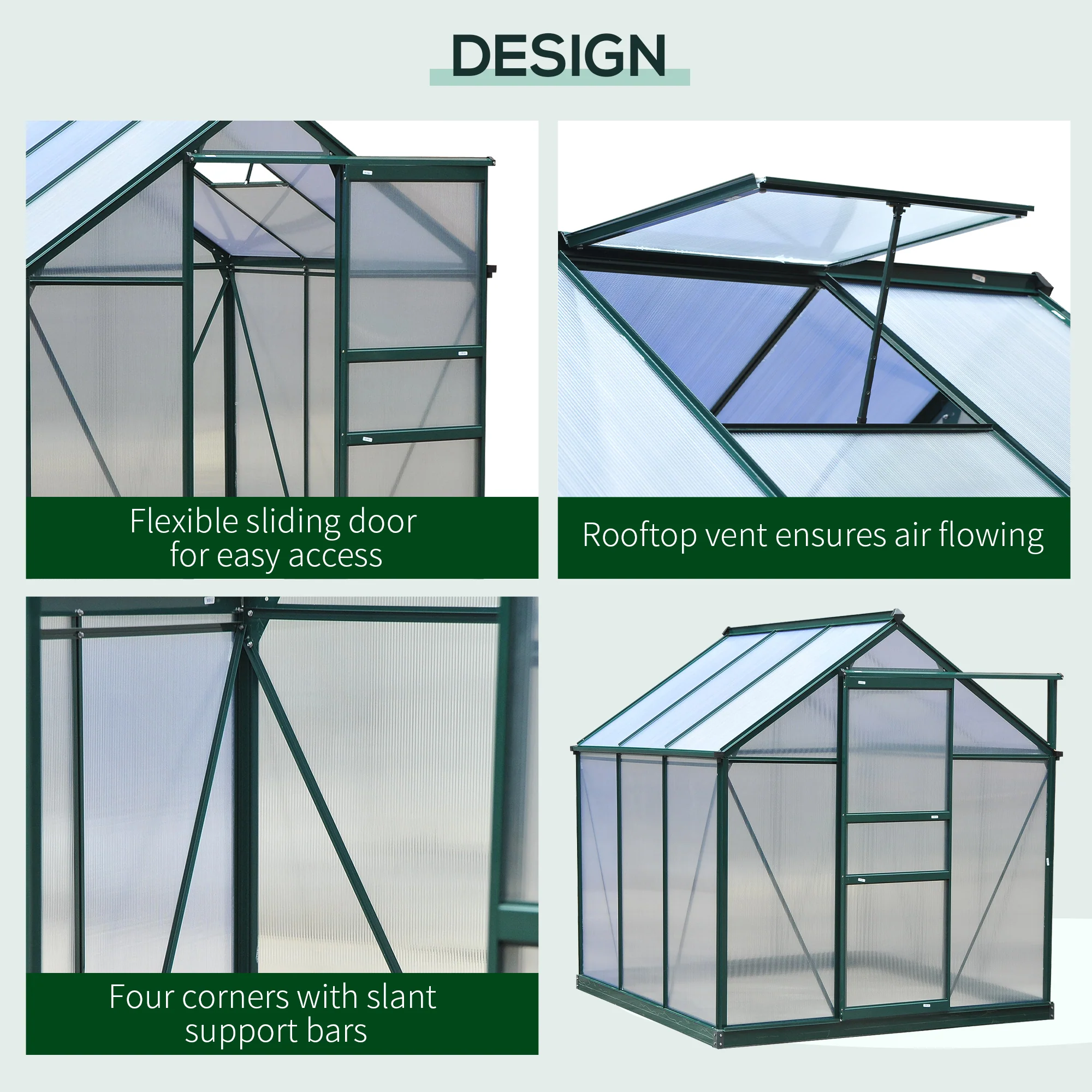 BloomGreen 6 x 6ft Large Polycarbonate Greenhouse with Aluminium Frame, Slide Door & Window, Dark Green - Image 6