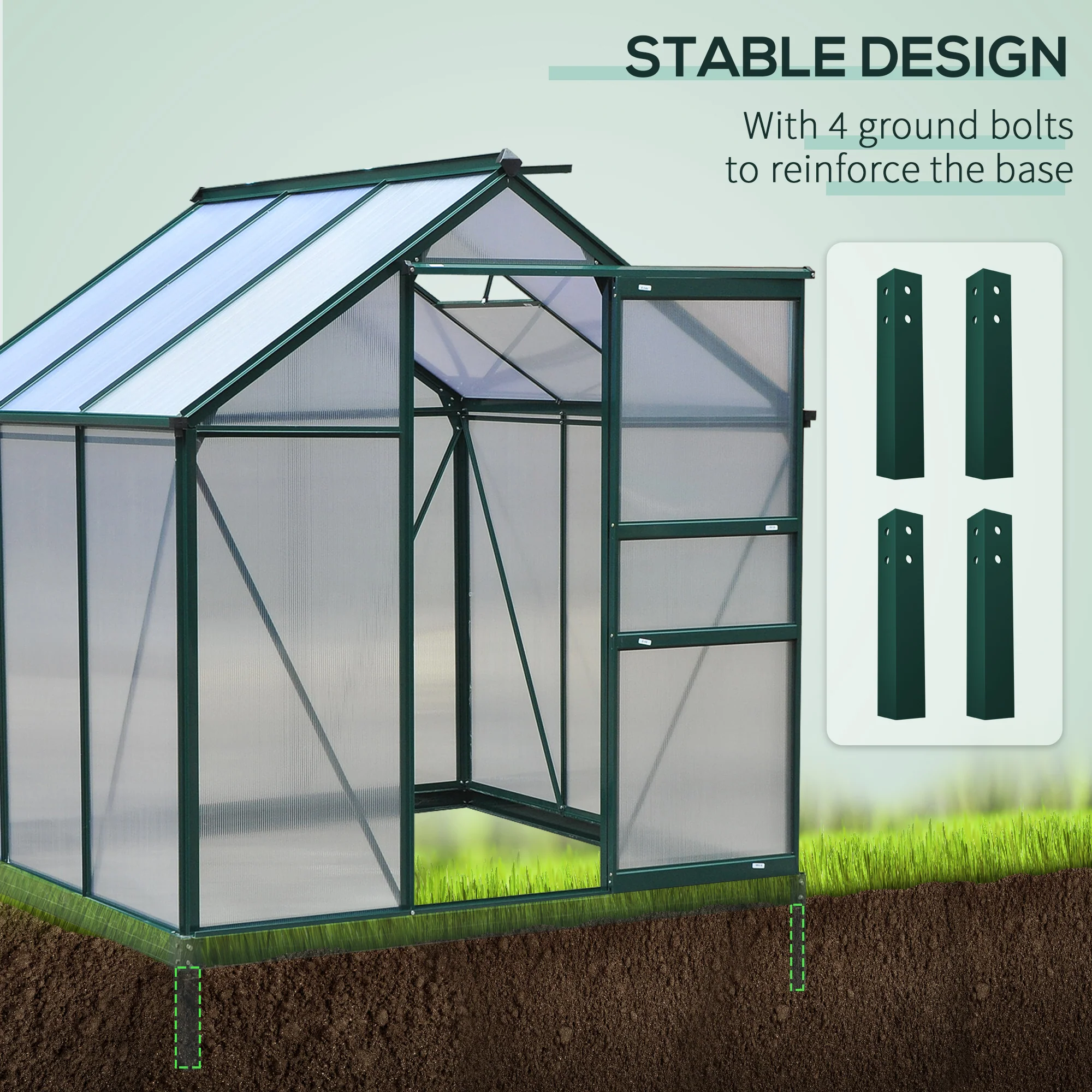 BloomGreen 6 x 6ft Large Polycarbonate Greenhouse with Aluminium Frame, Slide Door & Window, Dark Green - Image 8