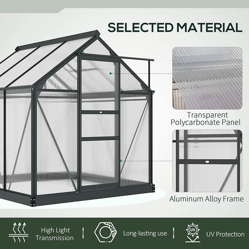 BloomGreen 6 x 6ft Large Polycarbonate Greenhouse with Aluminium Frame, Slide Door & Window, Grey - Image 7