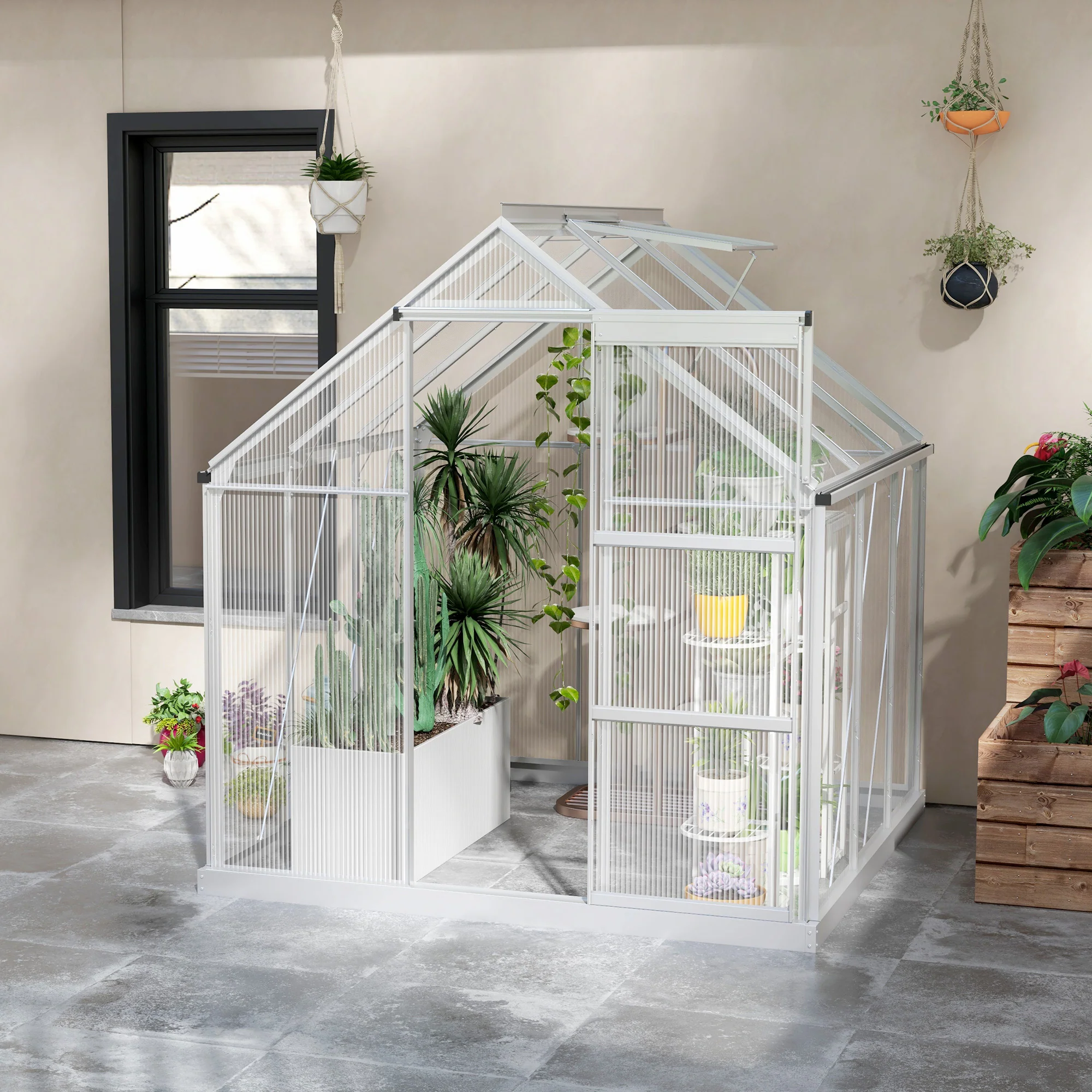 6 x 4ft Aluminium Frame Walk-In Greenhouse with Adjustable Window & Sliding Door, Silver - Image 10