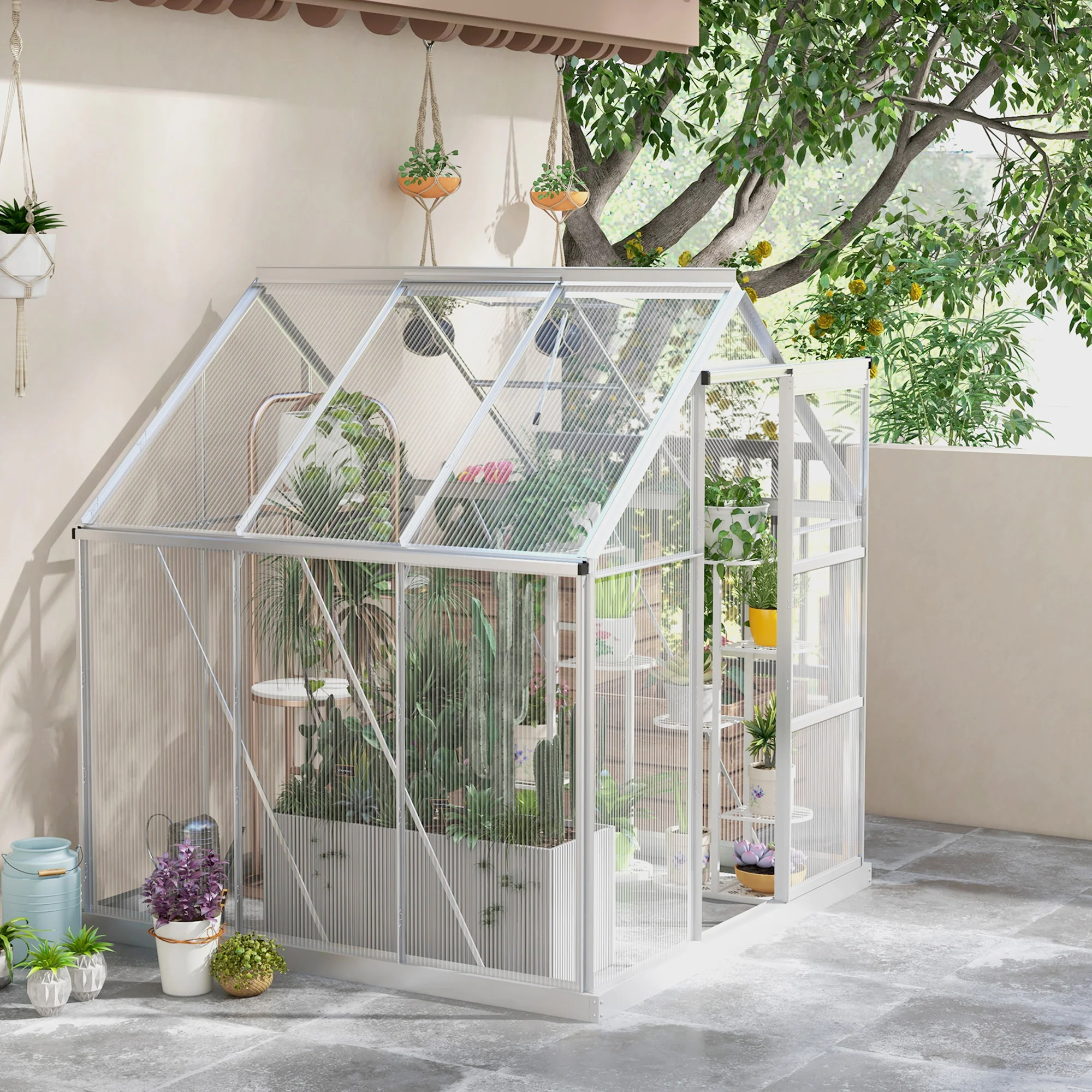 6 x 4ft Aluminium Frame Walk-In Greenhouse with Adjustable Window & Sliding Door, Silver - Image 3
