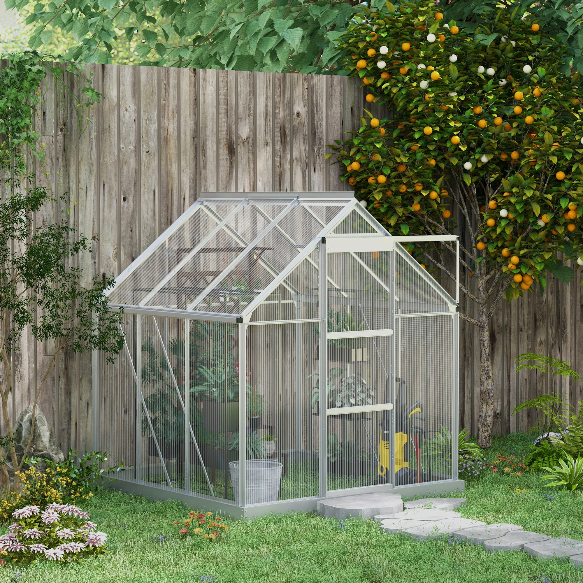 6 x 4ft Aluminium Frame Walk-In Greenhouse with Adjustable Window & Sliding Door, Silver - Image 4