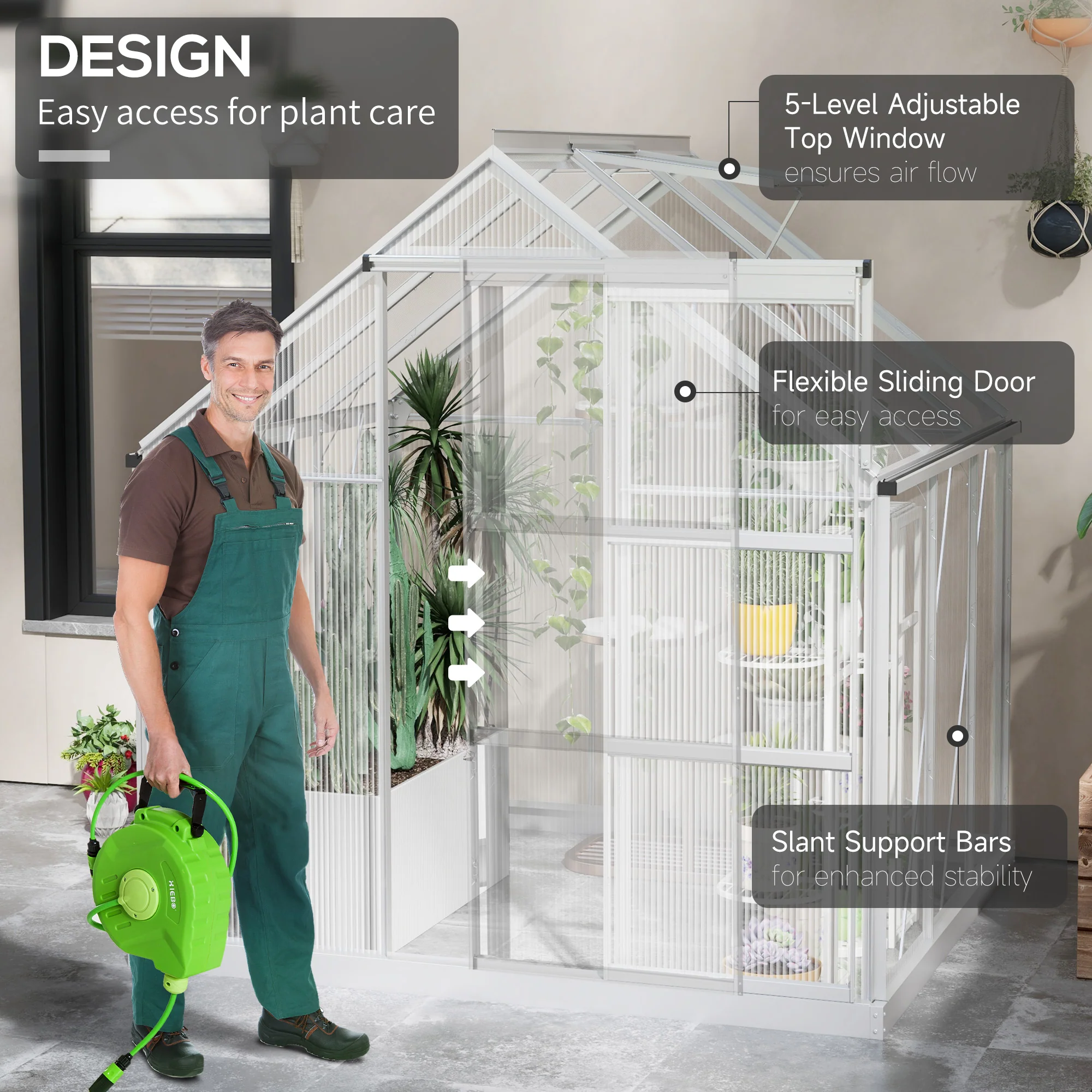6 x 4ft Aluminium Frame Walk-In Greenhouse with Adjustable Window & Sliding Door, Silver - Image 6
