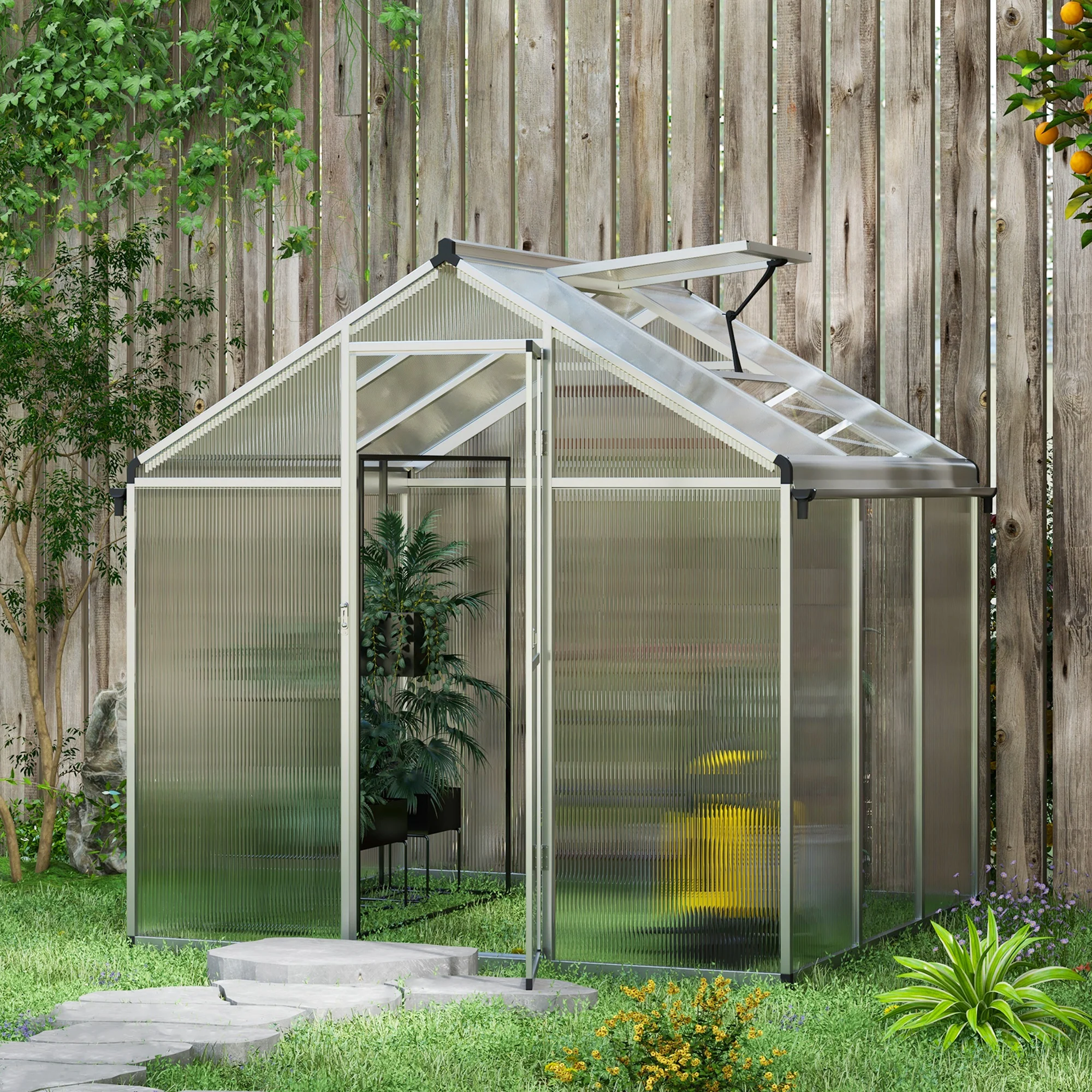 6 x 6ft Polycarbonate Greenhouse, Large Walk-In Green House w/ Aluminium Frame and Foundation - Image 3