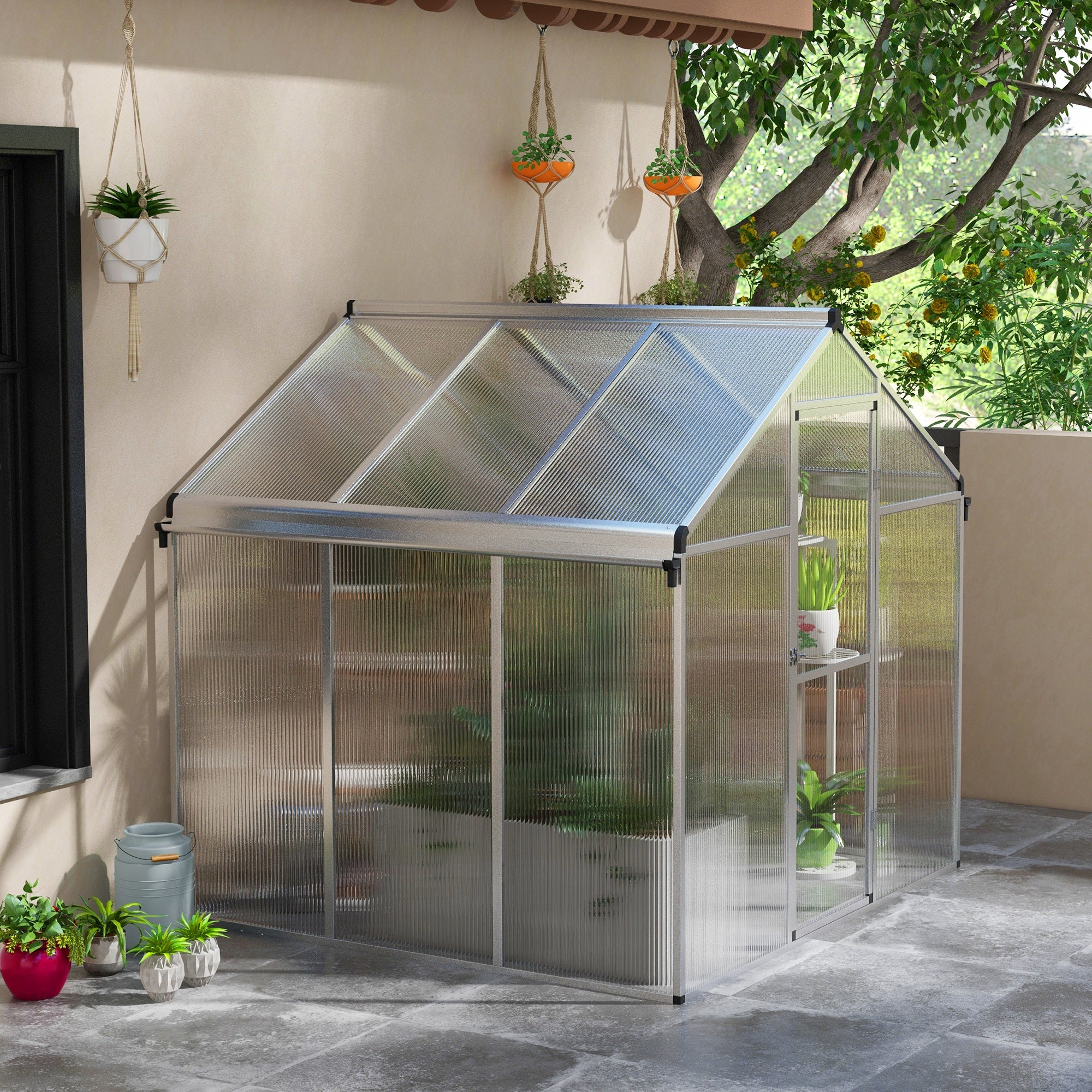 6 x 6ft Polycarbonate Greenhouse, Large Walk-In Green House w/ Aluminium Frame and Foundation - Image 4