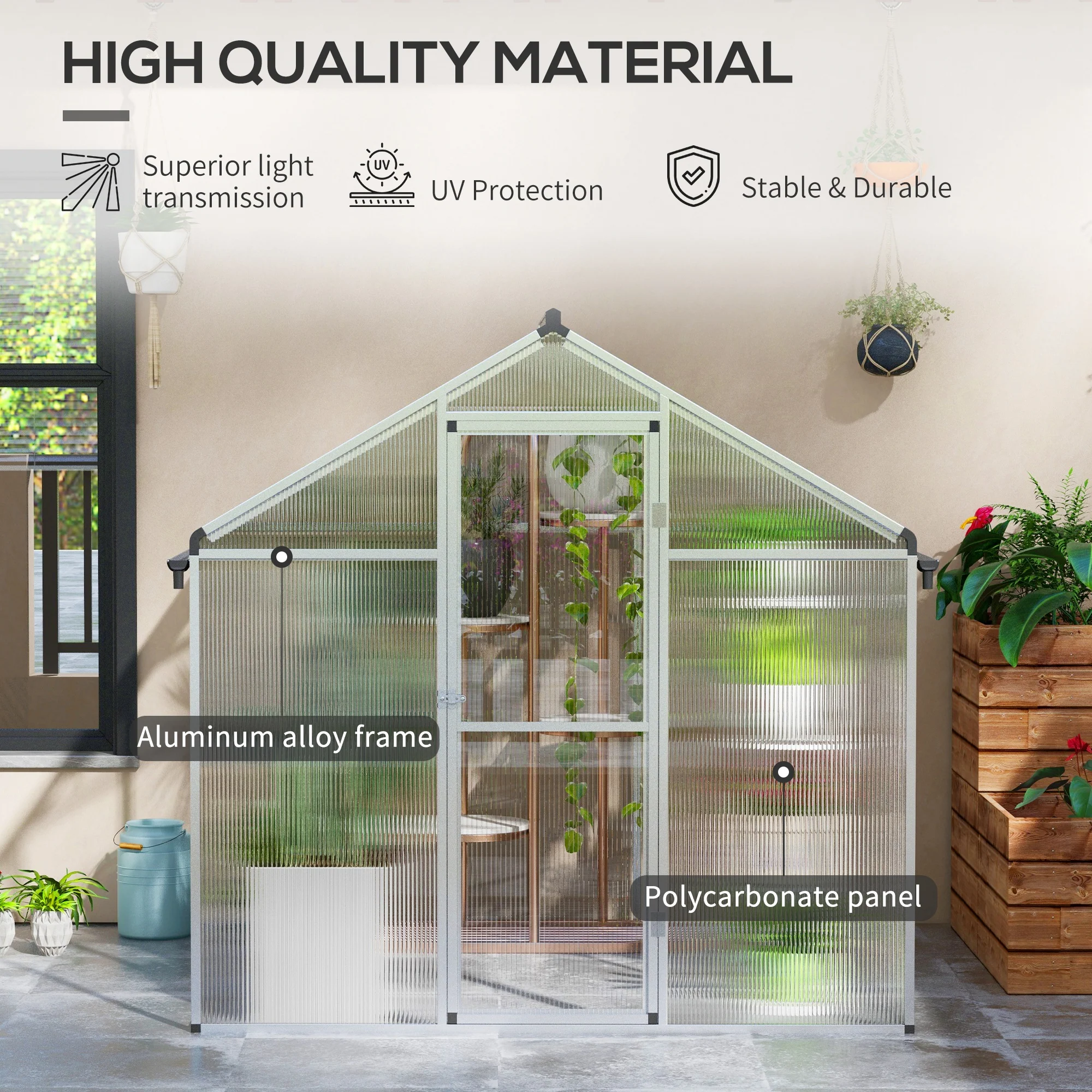 6 x 6ft Polycarbonate Greenhouse, Large Walk-In Green House w/ Aluminium Frame and Foundation - Image 6