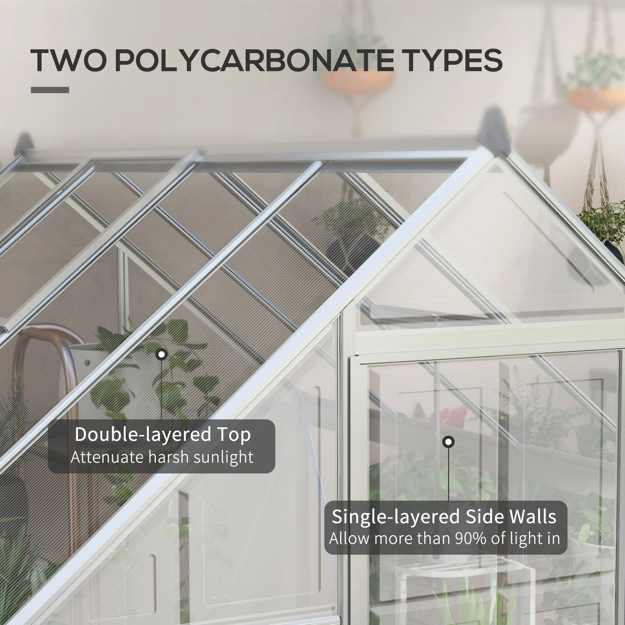 BloomGreen 6' x 8' Polycarbonate Greenhouse with 2 Panel Types, Hinged Door, 5 Roof Vents, Aluminum Frame - Image 6