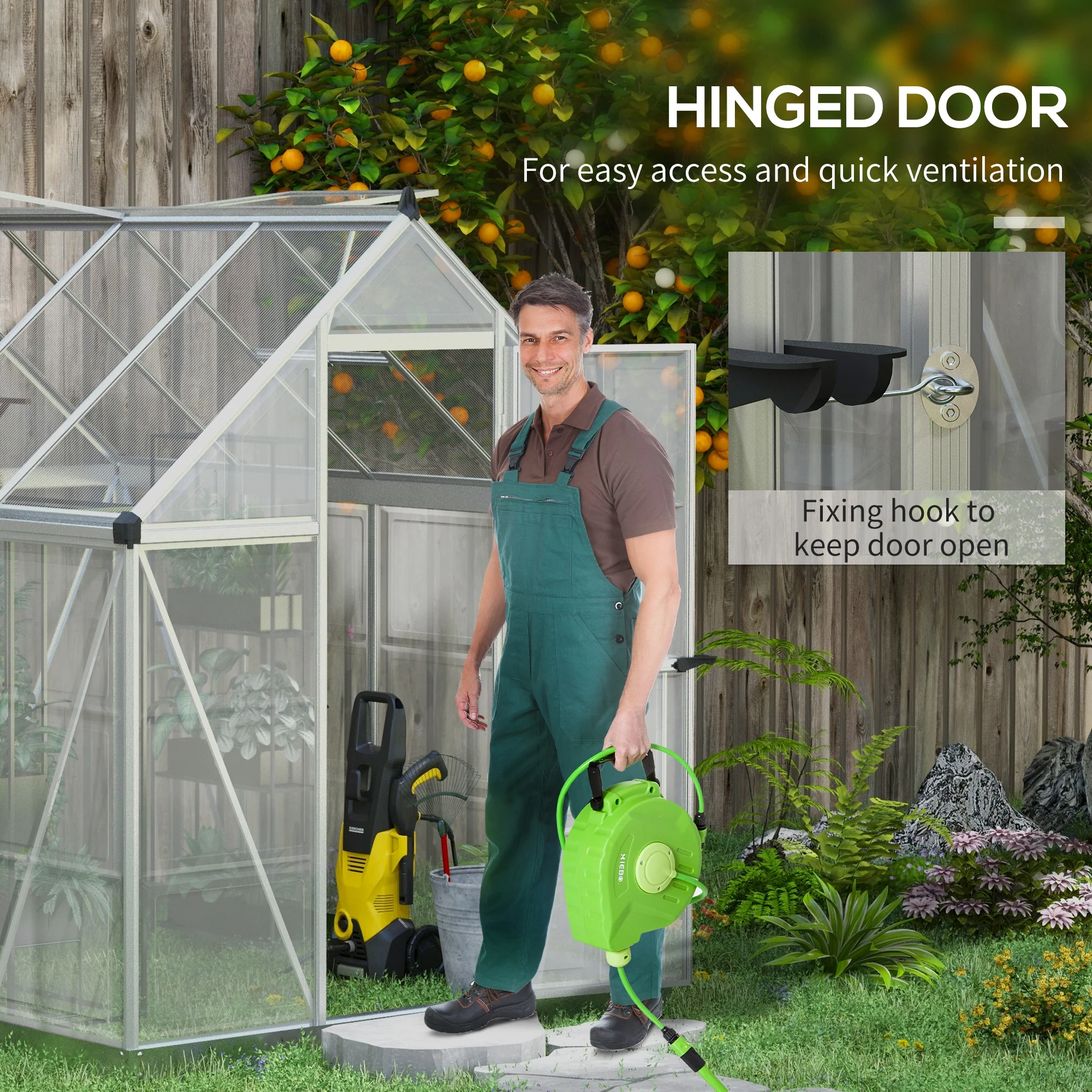 BloomGreen 6' x 8' Polycarbonate Greenhouse with 2 Panel Types, Hinged Door, 5 Roof Vents, Aluminum Frame - Image 7