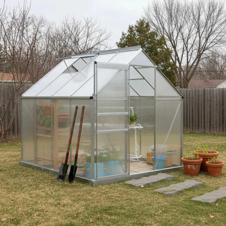 BloomGreen 6' x 8' x 6.5' Polycarbonate Greenhouse for All Seasons Growing with Roof Vent & Sliding Door, Clear - Image 3