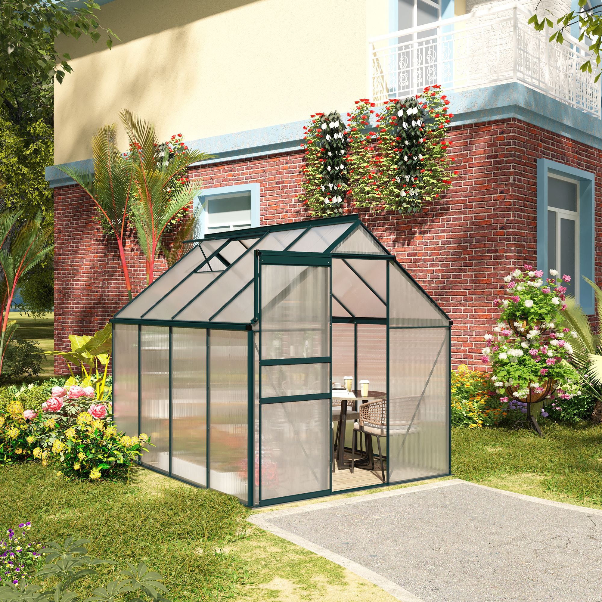 BloomGreen 6' x 8' x 6.5' Polycarbonate Greenhouse with Adjustable Roof Vent & Sliding Door, Green - Image 3