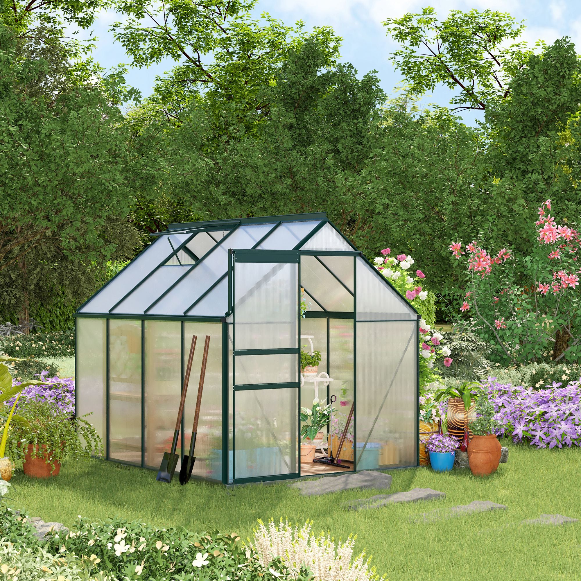 BloomGreen 6' x 8' x 6.5' Polycarbonate Greenhouse with Adjustable Roof Vent & Sliding Door, Green - Image 4