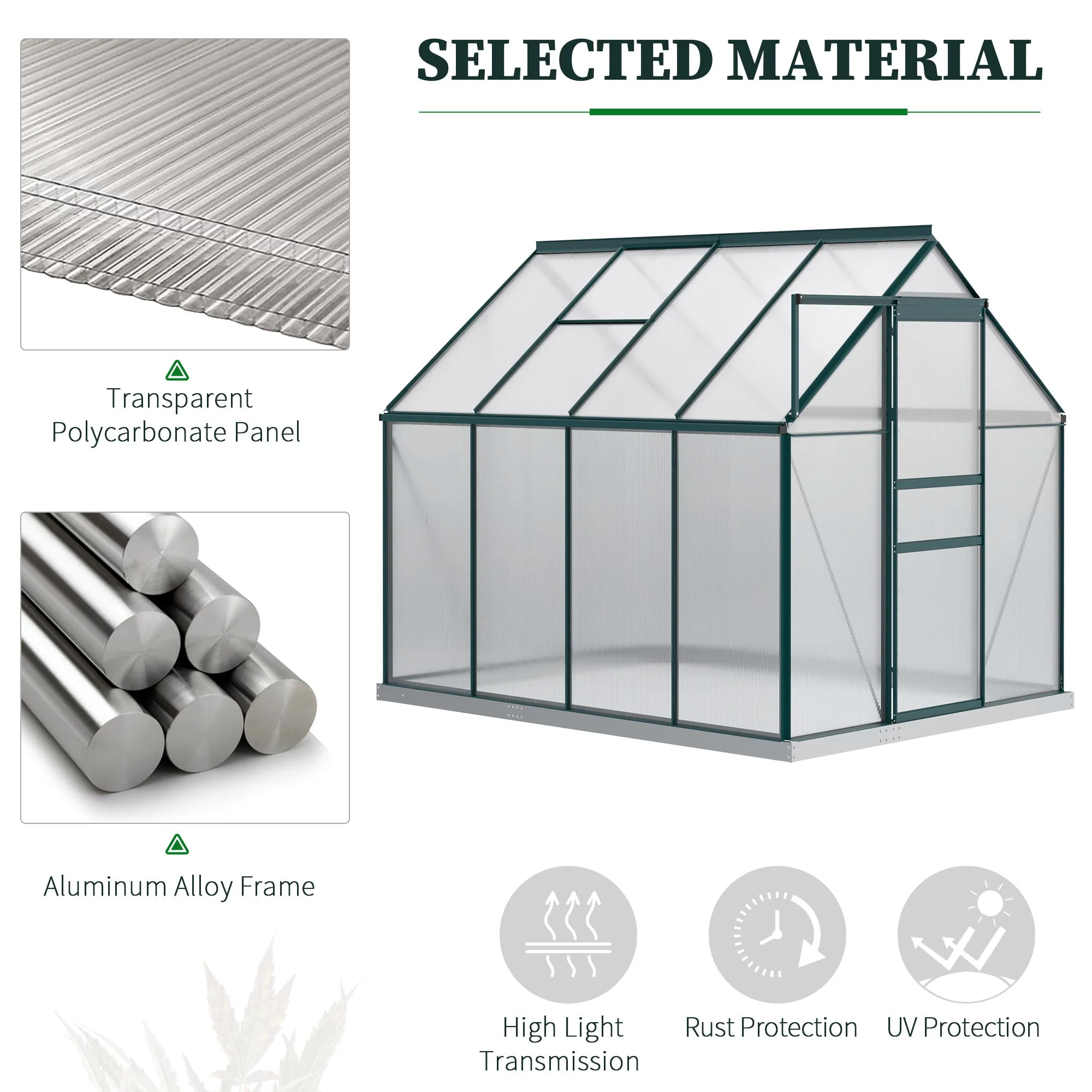 BloomGreen 6' x 8' x 6.5' Polycarbonate Greenhouse with Adjustable Roof Vent & Sliding Door, Green - Image 6