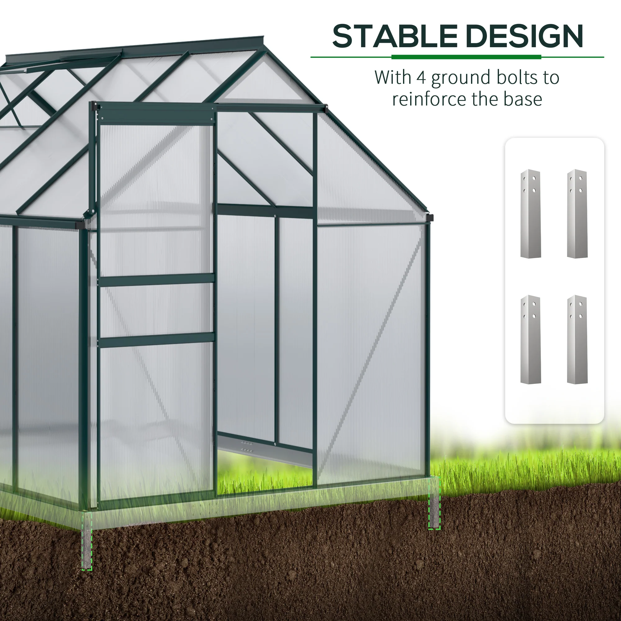 BloomGreen 6' x 8' x 6.5' Polycarbonate Greenhouse with Adjustable Roof Vent & Sliding Door, Green - Image 7