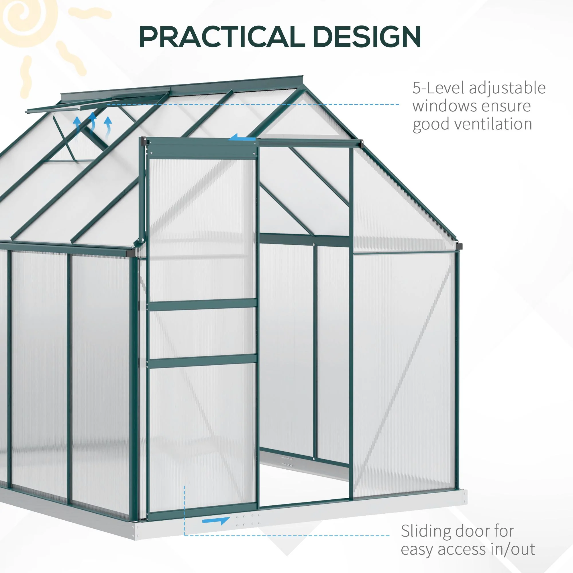 BloomGreen 6' x 8' x 6.5' Polycarbonate Greenhouse with Adjustable Roof Vent & Sliding Door, Green - Image 8