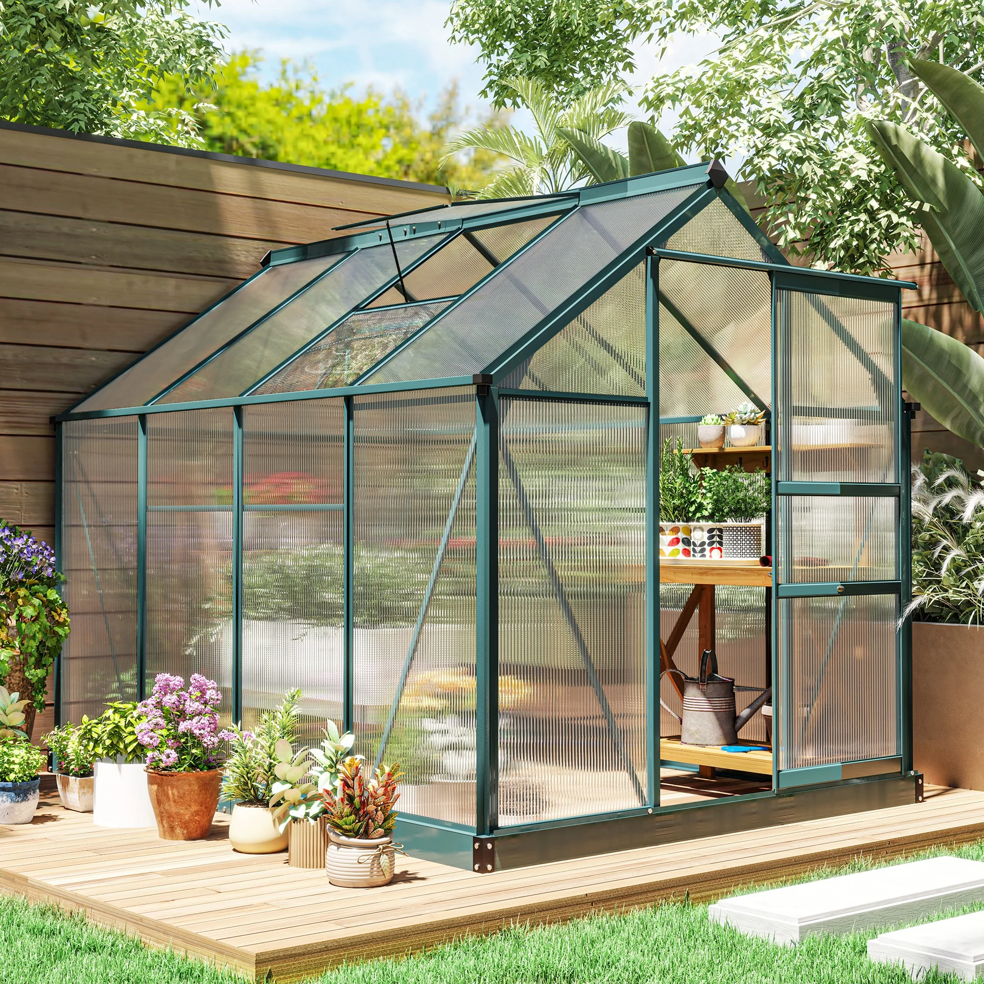 BloomGreen 6 x 8ft Large Polycarbonate Greenhouse with Aluminium Frame, Slide Door & Window, Dark Green - Image 3