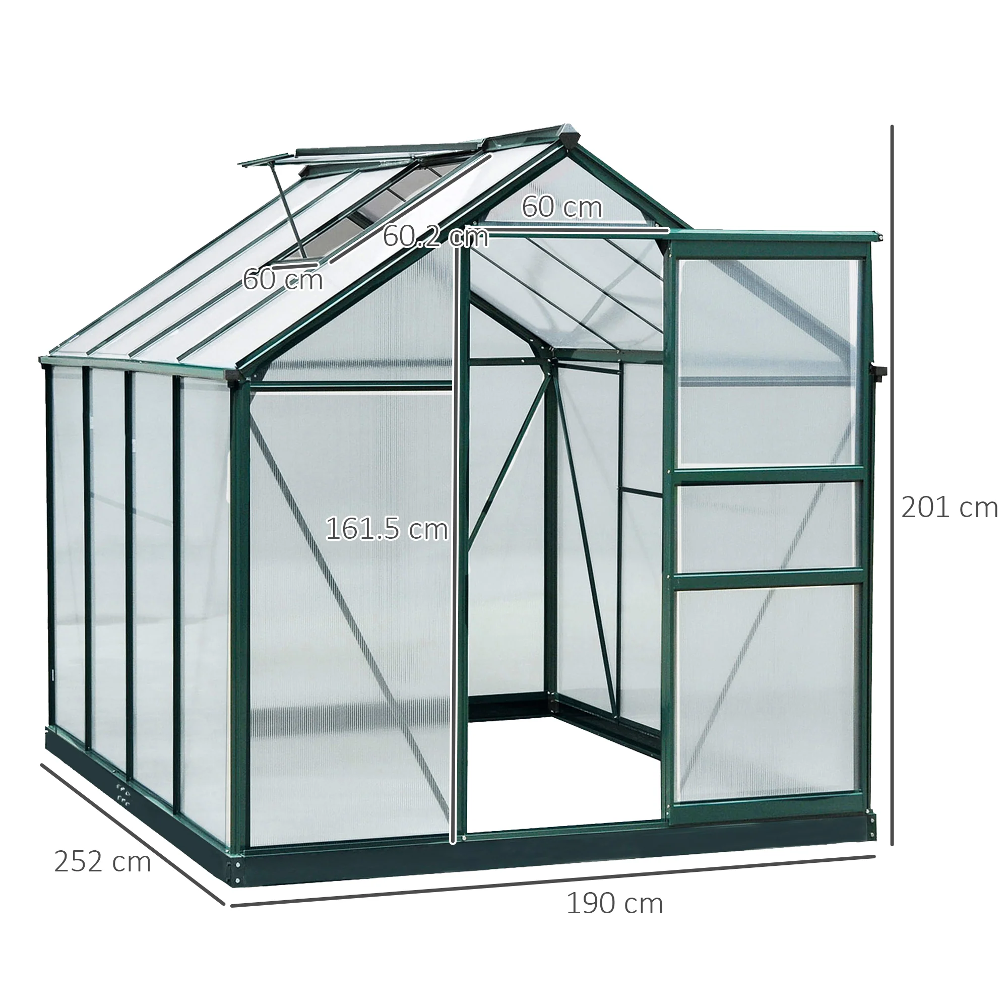 BloomGreen 6 x 8ft Large Polycarbonate Greenhouse with Aluminium Frame, Slide Door & Window, Dark Green - Image 5