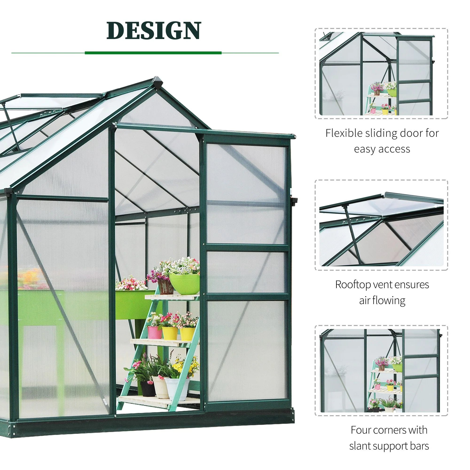 BloomGreen 6 x 8ft Large Polycarbonate Greenhouse with Aluminium Frame, Slide Door & Window, Dark Green - Image 7