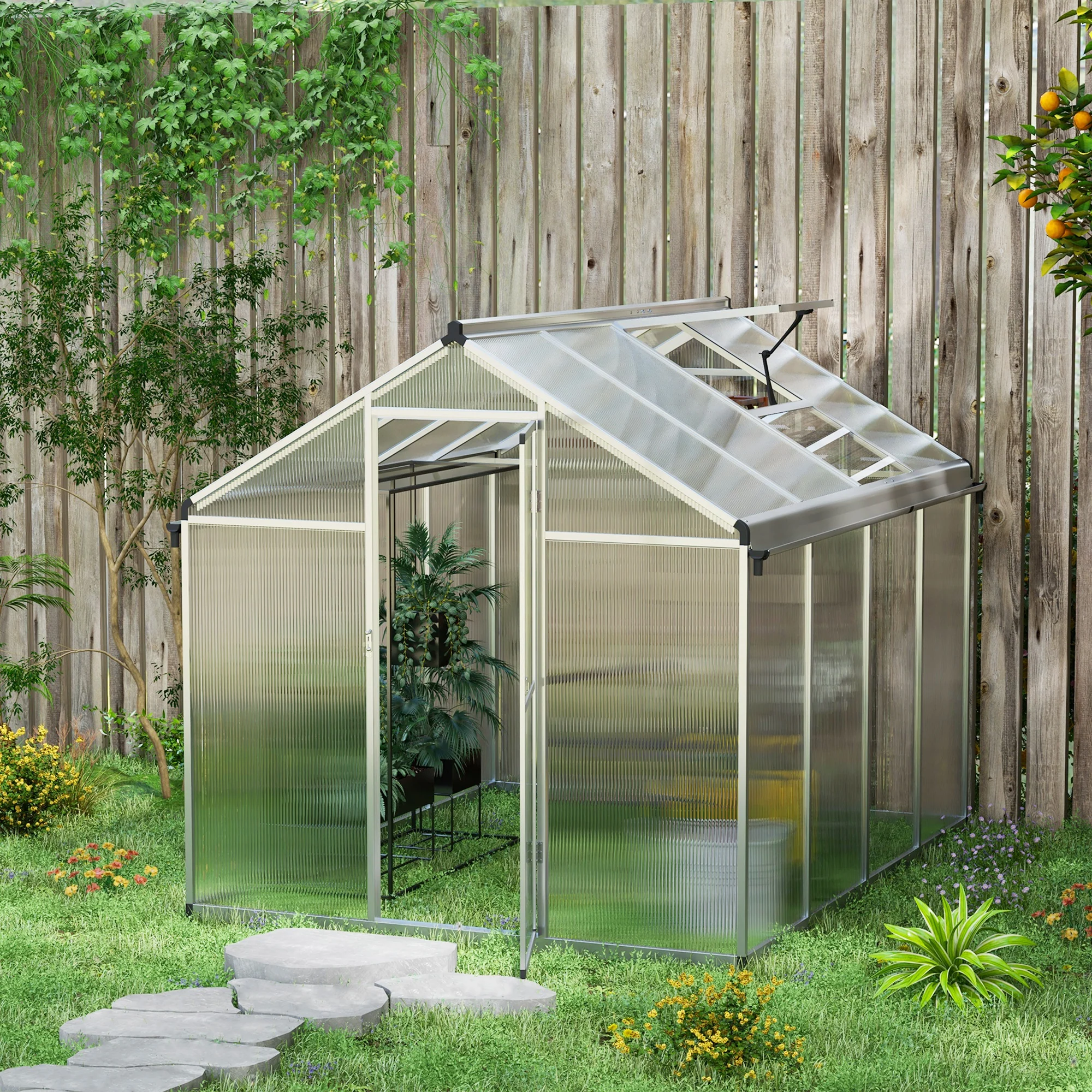 6 x 8ft Polycarbonate Greenhouse, Large Walk-In Green House w/ Aluminium Frame and Foundation - Image 3