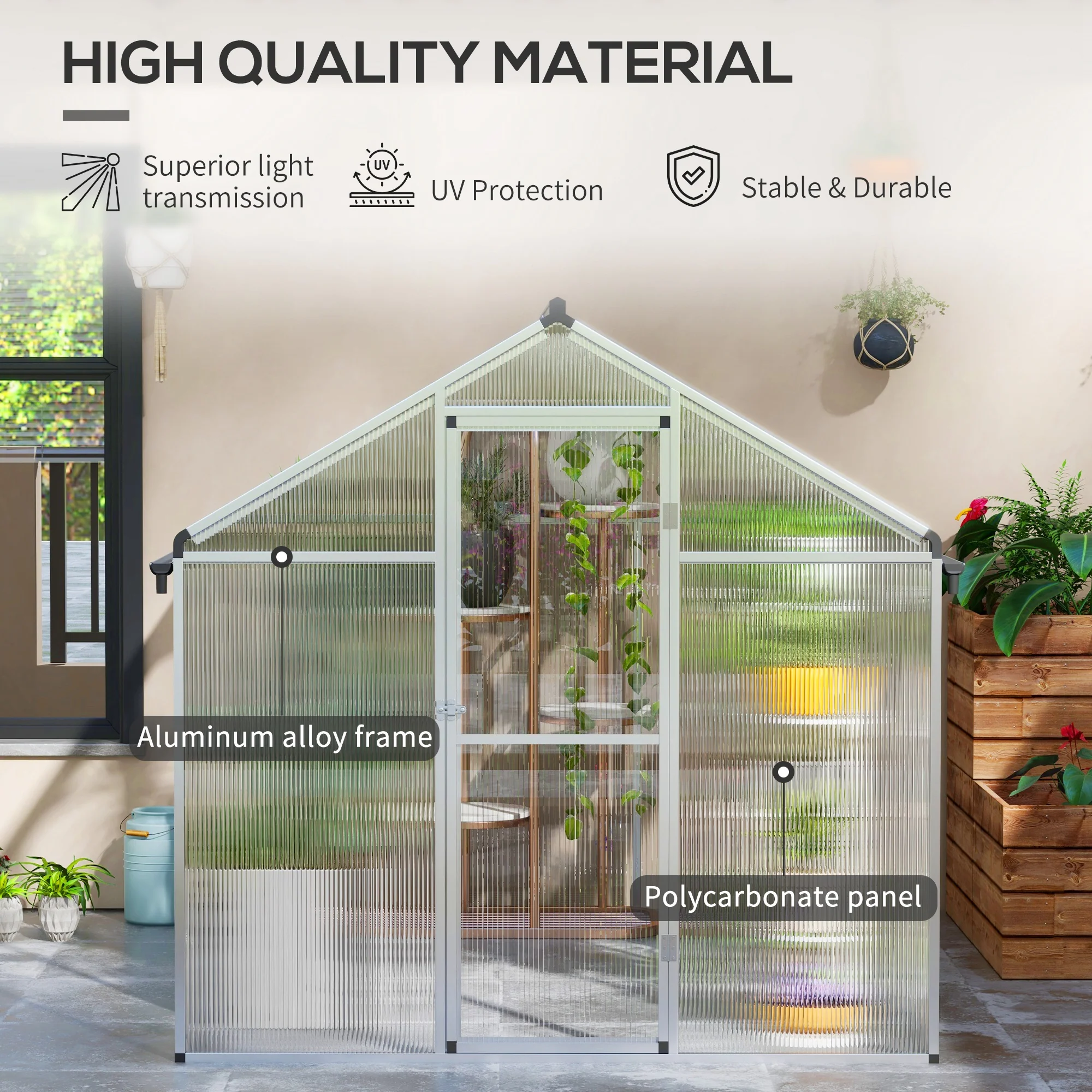 6 x 8ft Polycarbonate Greenhouse, Large Walk-In Green House w/ Aluminium Frame and Foundation - Image 6